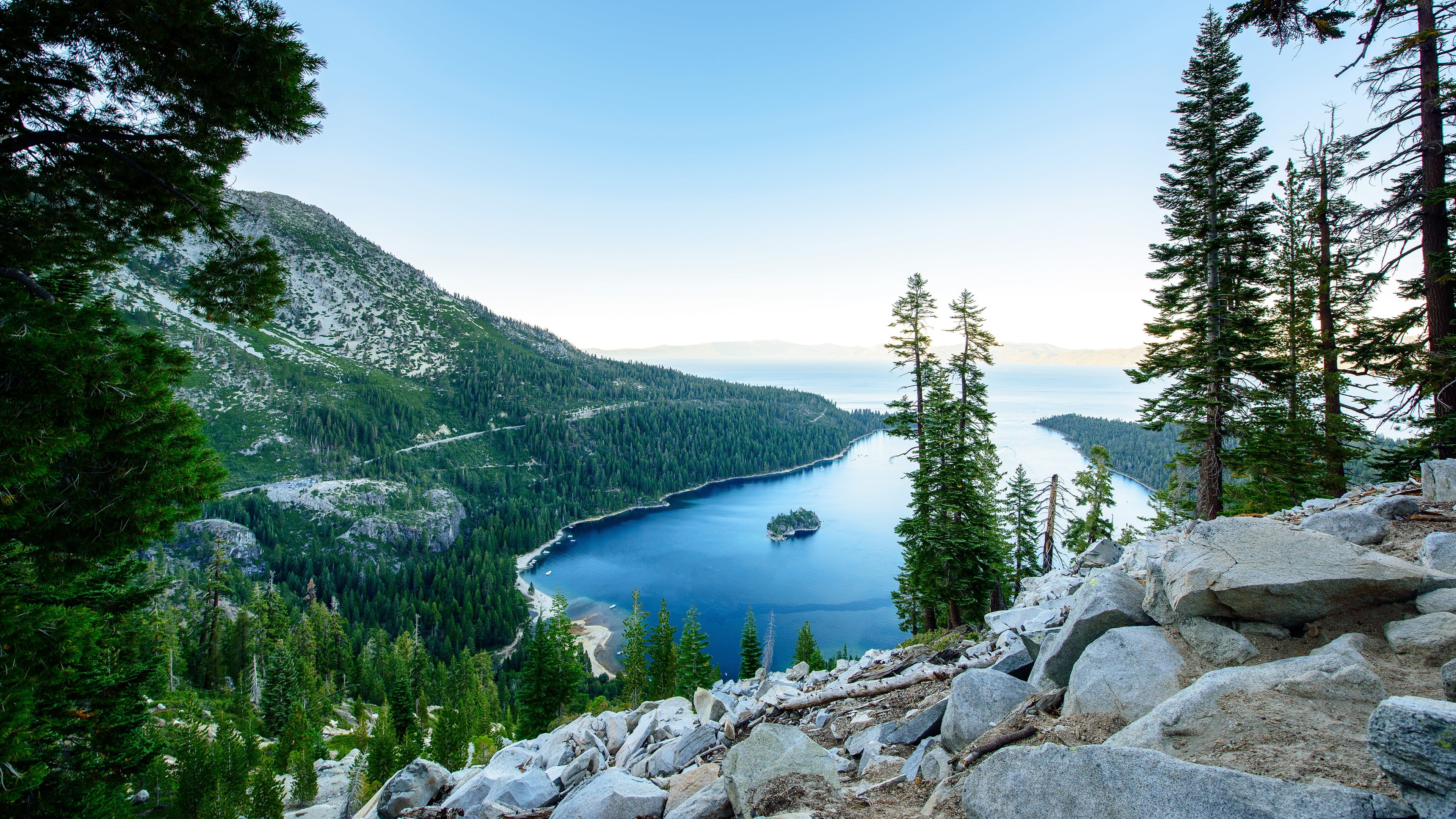 3840x2160 emerald bay state park, lake tahoe, panorama, view, fannette island