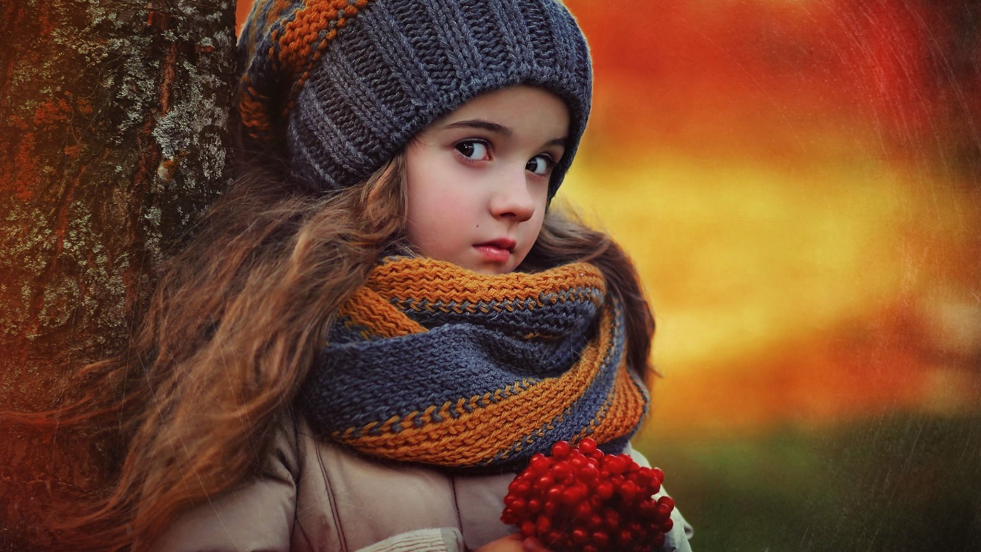 1920x1080 Download wallpaper child, girl, kids, nature, autumn, wood, berries, mood  resolution 