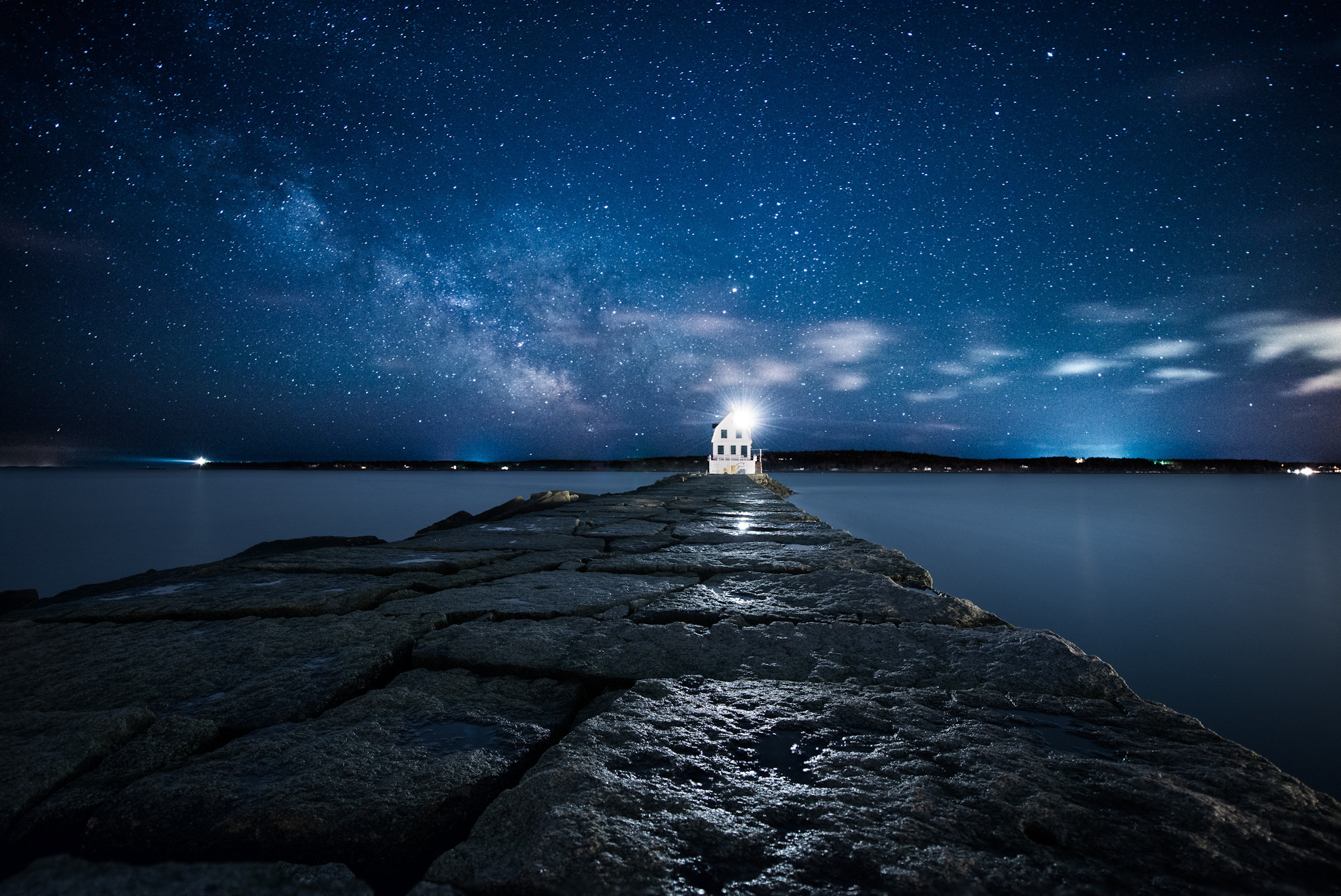 2048x1369 Atlantic Ocean Island Landscape Light Lighthouse Night Sky Stars USA