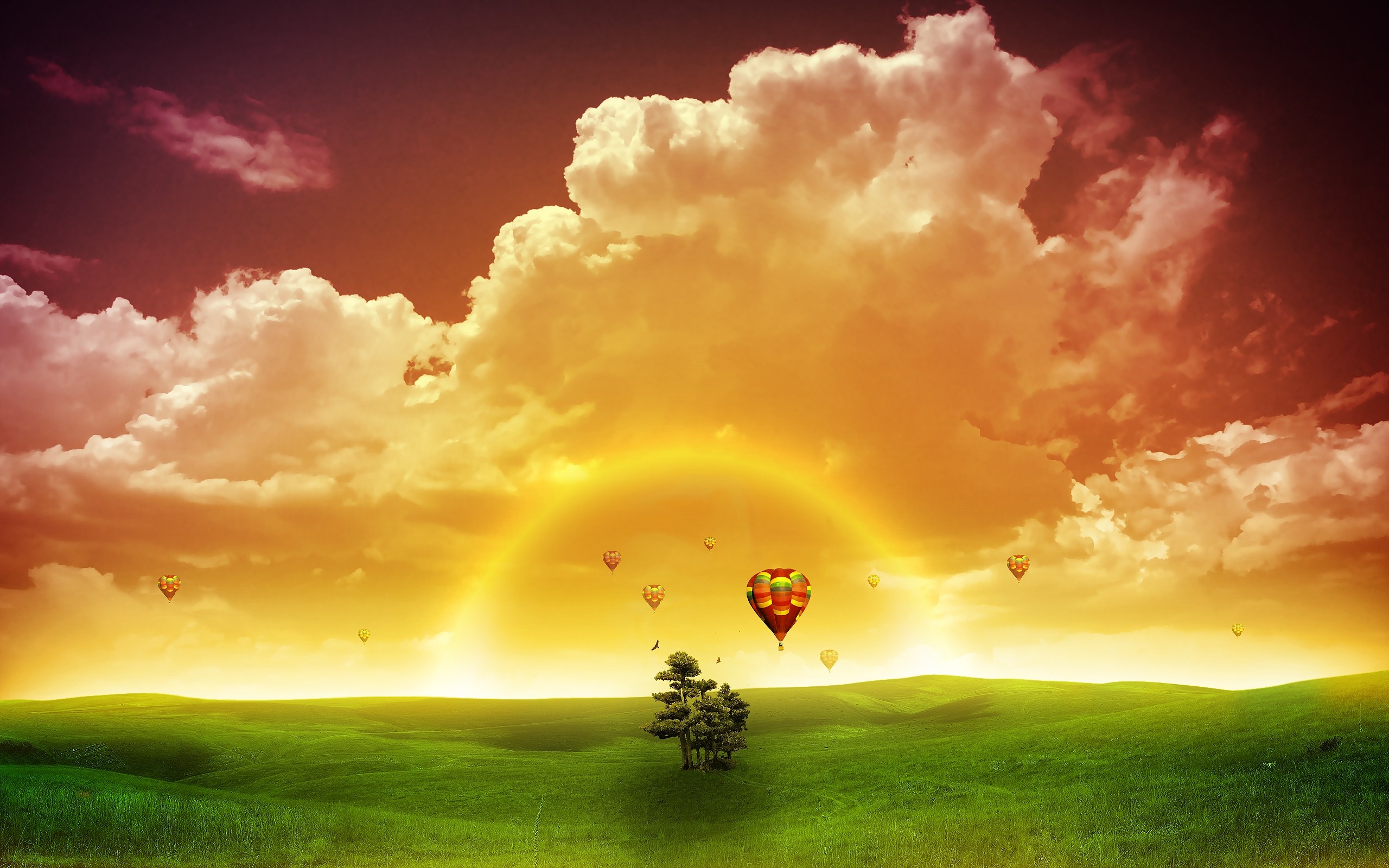 2560x1600 Artistic - Surreal Artistic Fantasy Field Tree Hot Air Balloon Wallpaper
