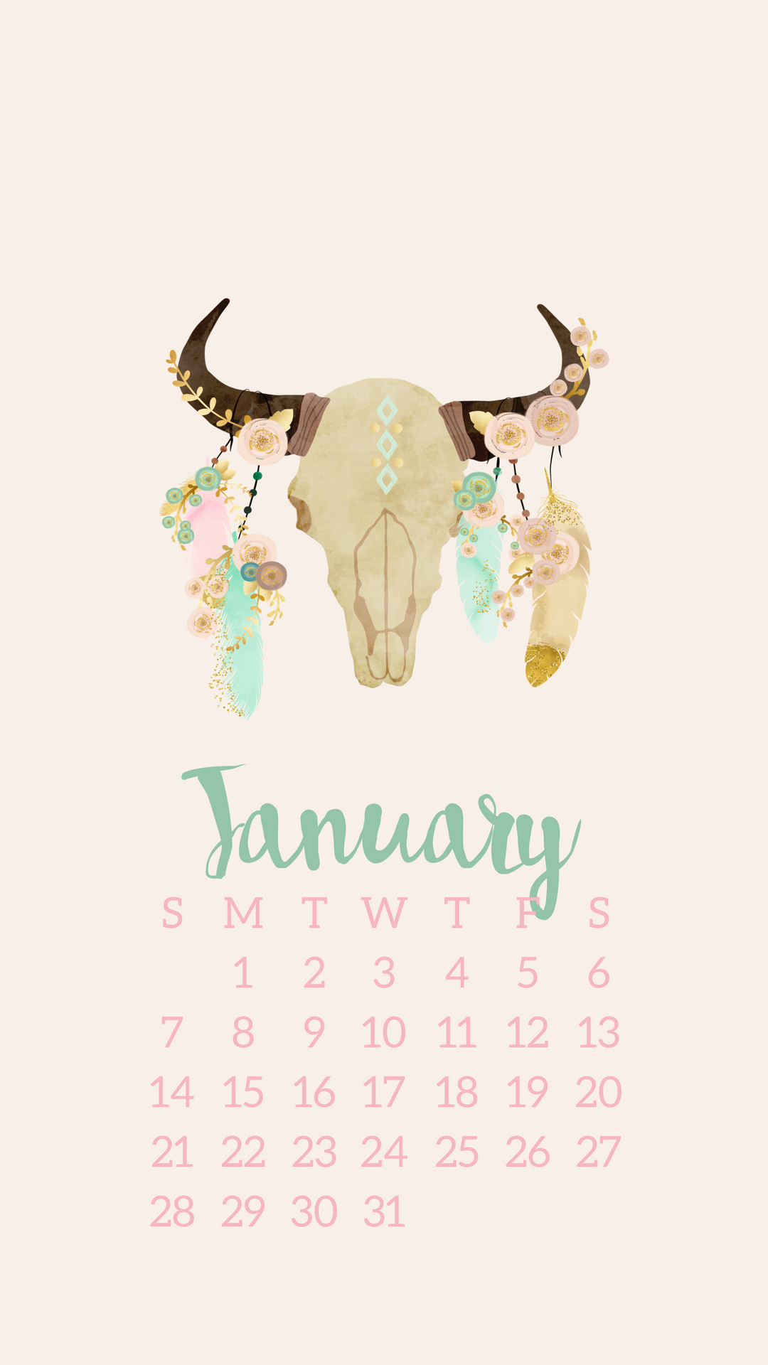 1080x1920 Click to download Antlers January Calendar Smart Phone Background.