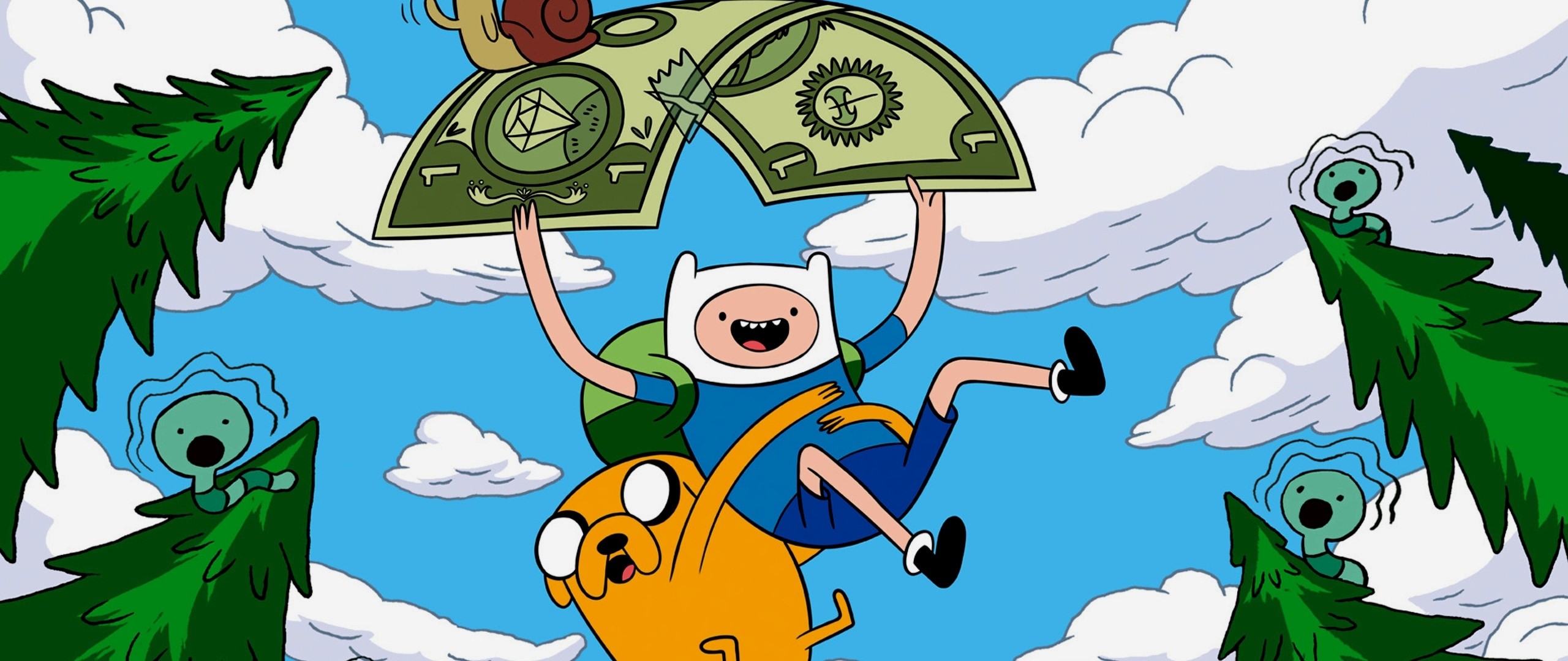 2560x1080  Wallpaper adventure time with finn and jake, sky, flying, forest