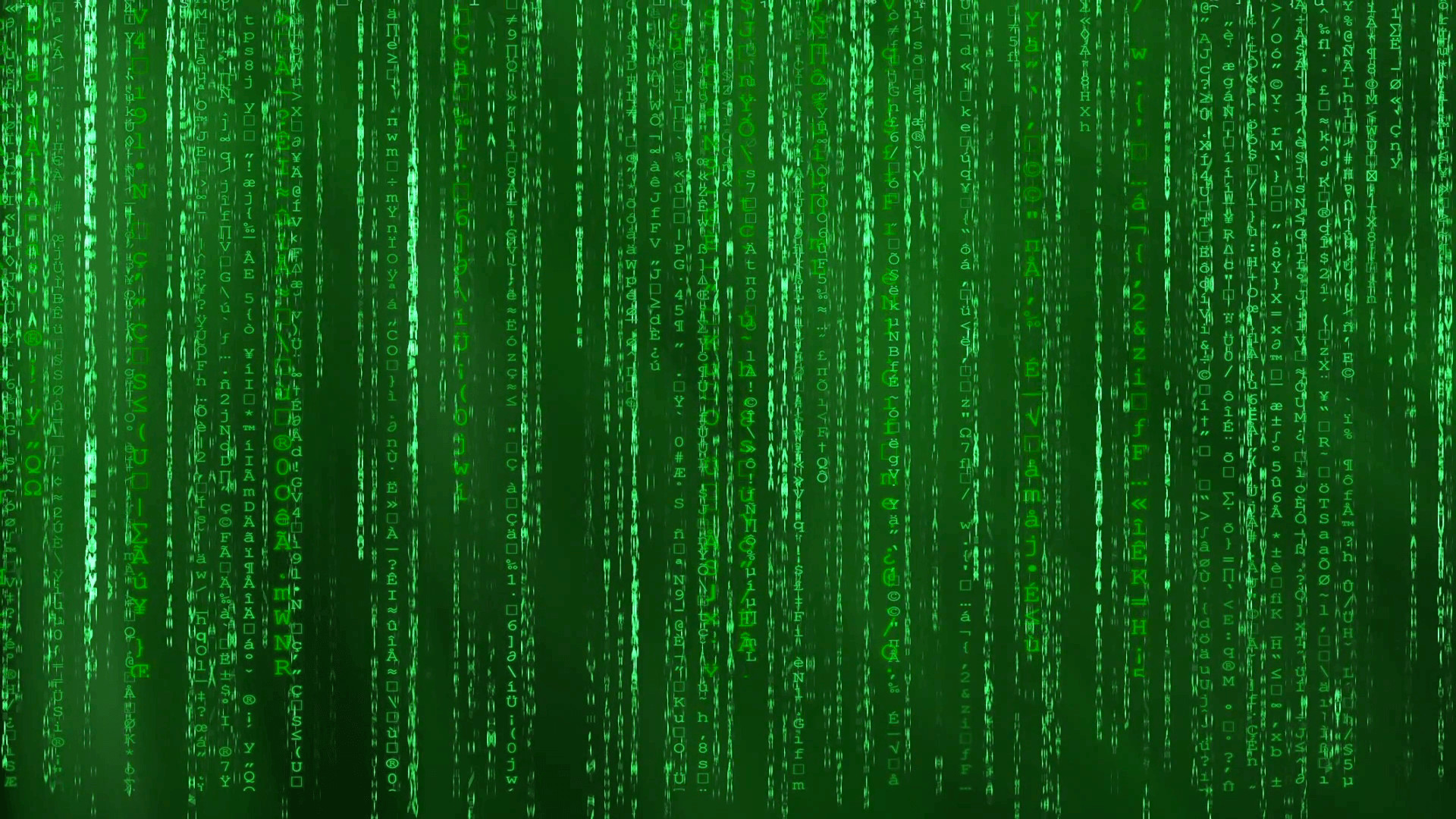 1920x1080 Green animated matrix background, computer code with symbols and .