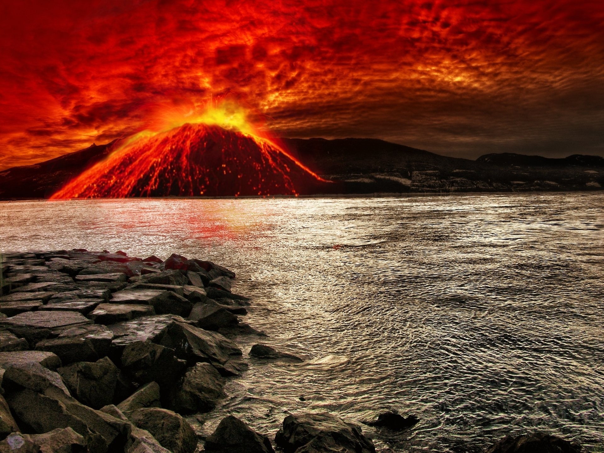 1920x1440 sea stones volcano eruption bursts current lava bloody sky poems
