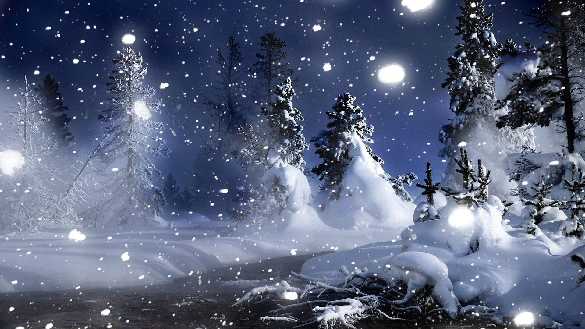 1920x1080 3D Winter Night Snow Desktop Wallpaper