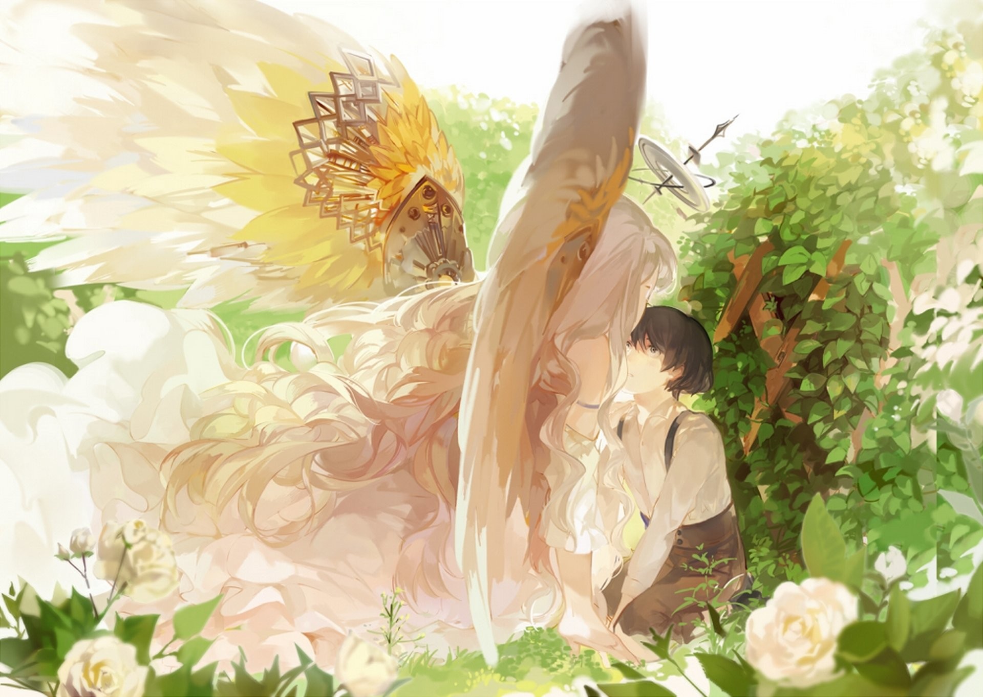 1920x1363 Anime girl boy flower angel wings roses leaves wallpaper |  |  983940 | WallpaperUP