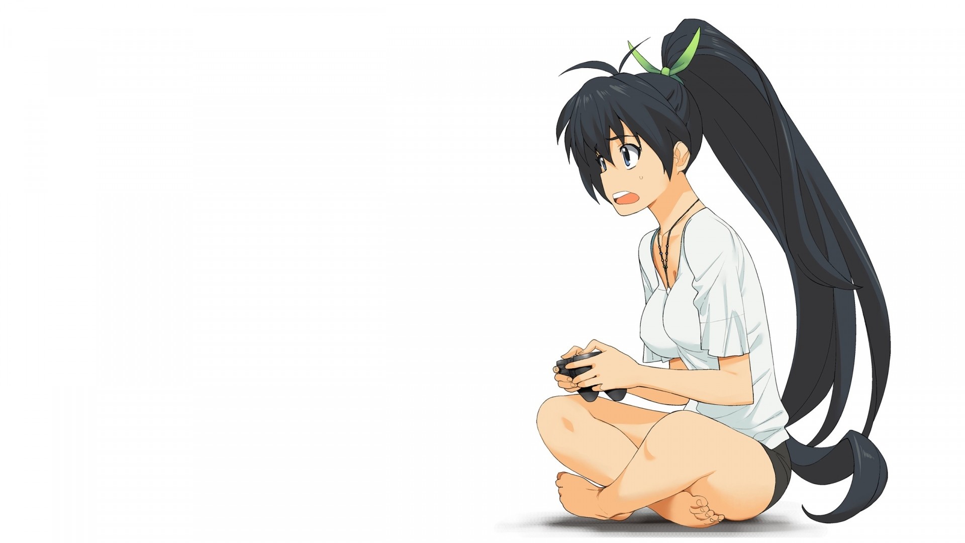 1920x1080  Wallpaper anime, girl, brunette, shirt, game console, irritation