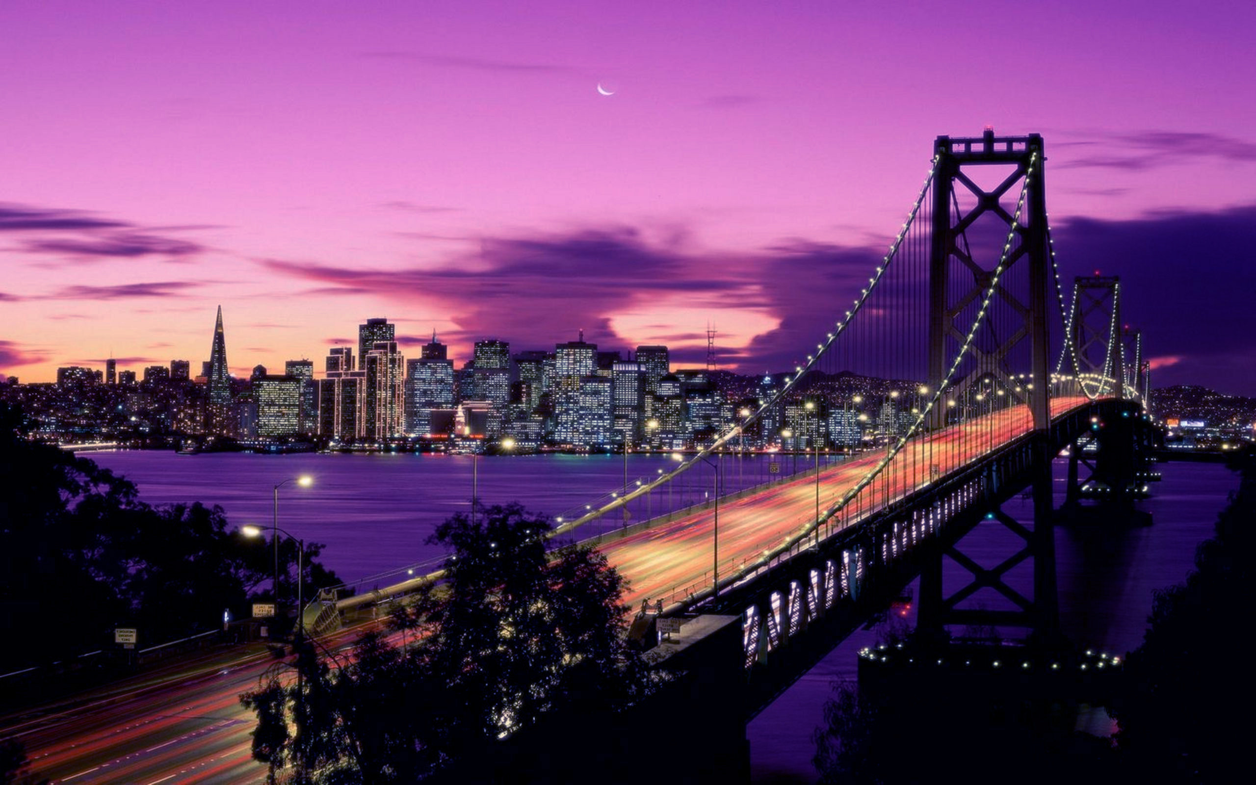 2560x1600  Man Made - Bay Bridge City Bridge Night San Francisco California  Sunset Purple Light Building Wallpaper