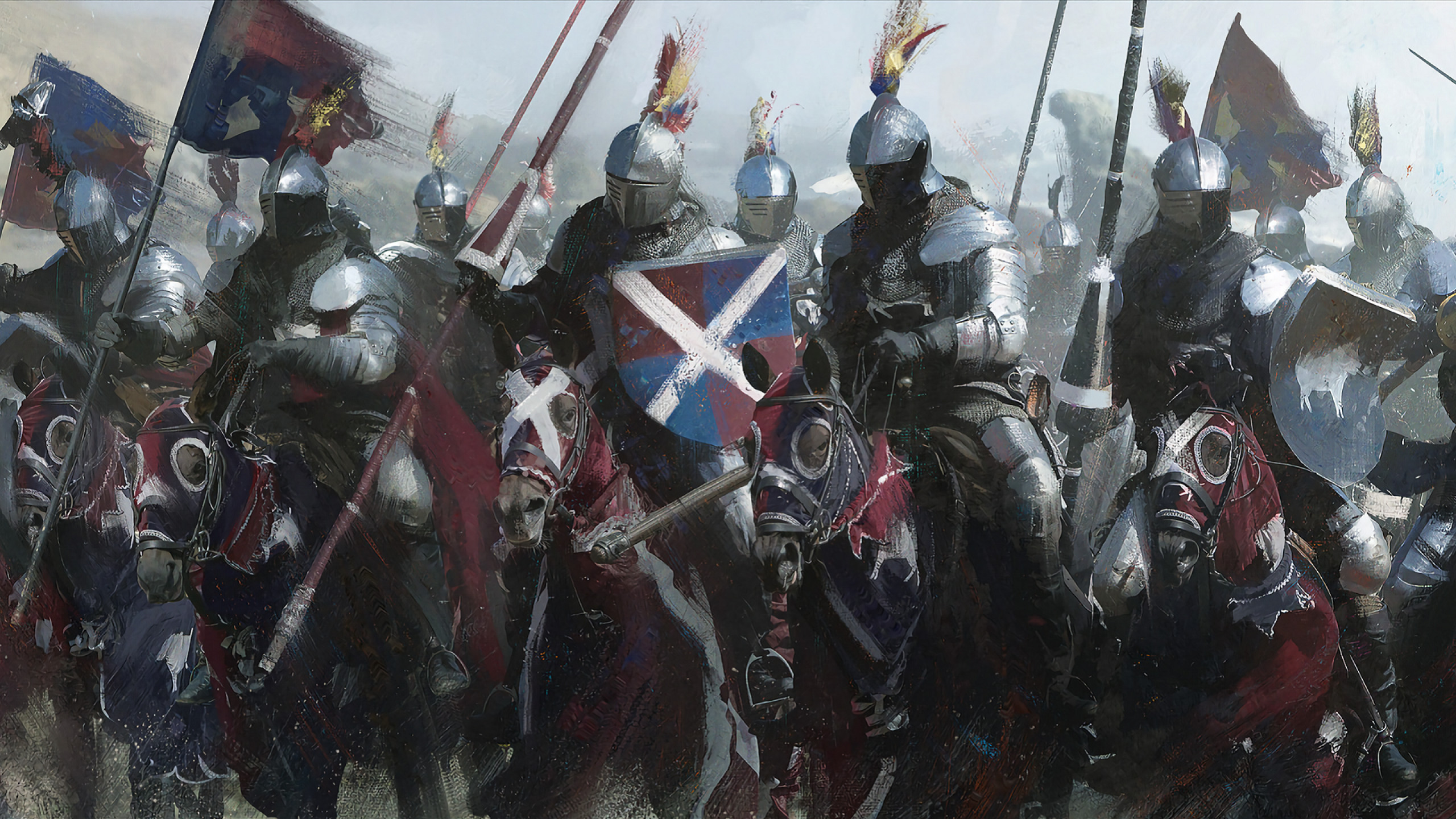 2560x1440 Medieval Knights, Cavalry, Horses, Spear, Painting, Artwork