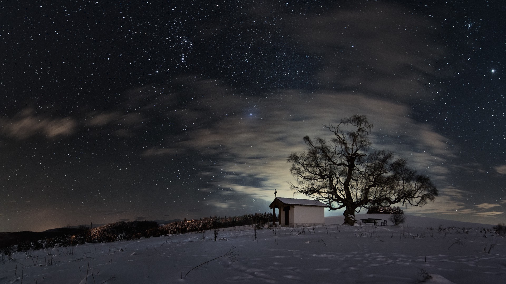 1920x1080 ... Winter, Snow, Clouds, Night, Sky, Stars, Church, Cross, Lights, Hill,  Footprints, Bench, Long Exposure Wallpapers HD / Desktop and Mobile  Backgrounds