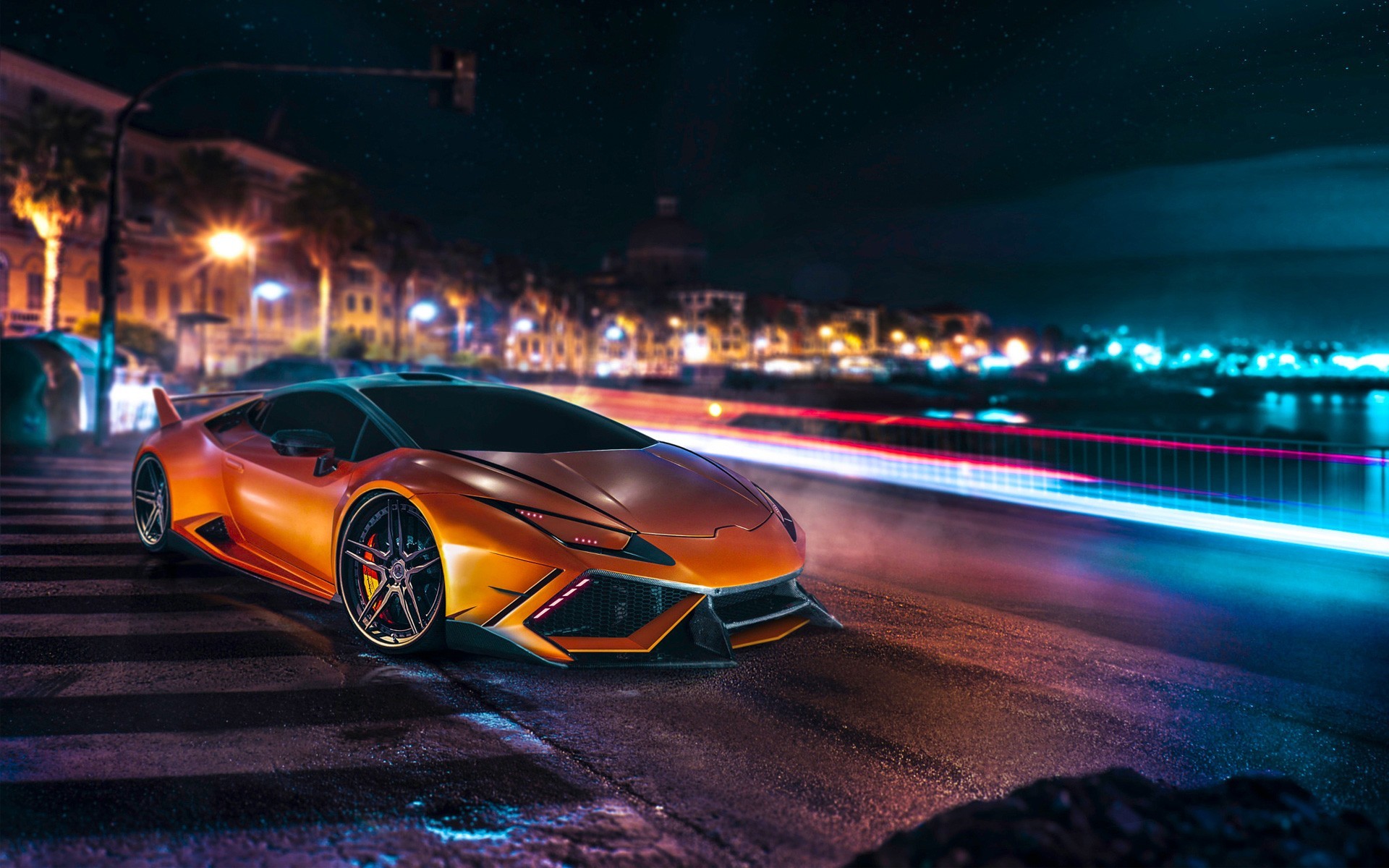 1920x1200 Lamborghini Huracan, Car, Lamborghini, Orange, Long Exposure, Night, Road,  City Wallpapers HD / Desktop and Mobile Backgrounds