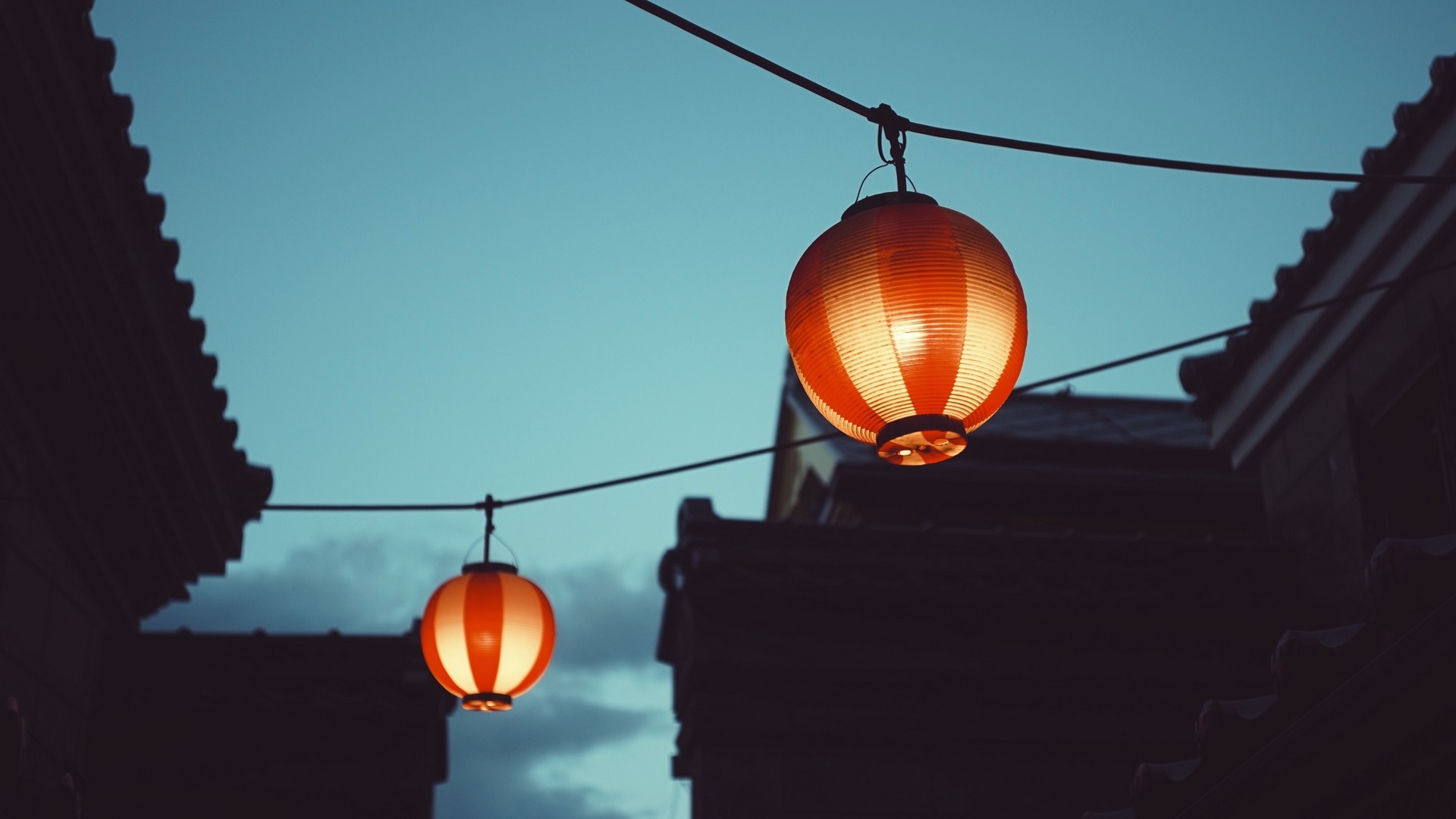 1920x1080  Wallpaper chinese lanterns, night, buildings, sky