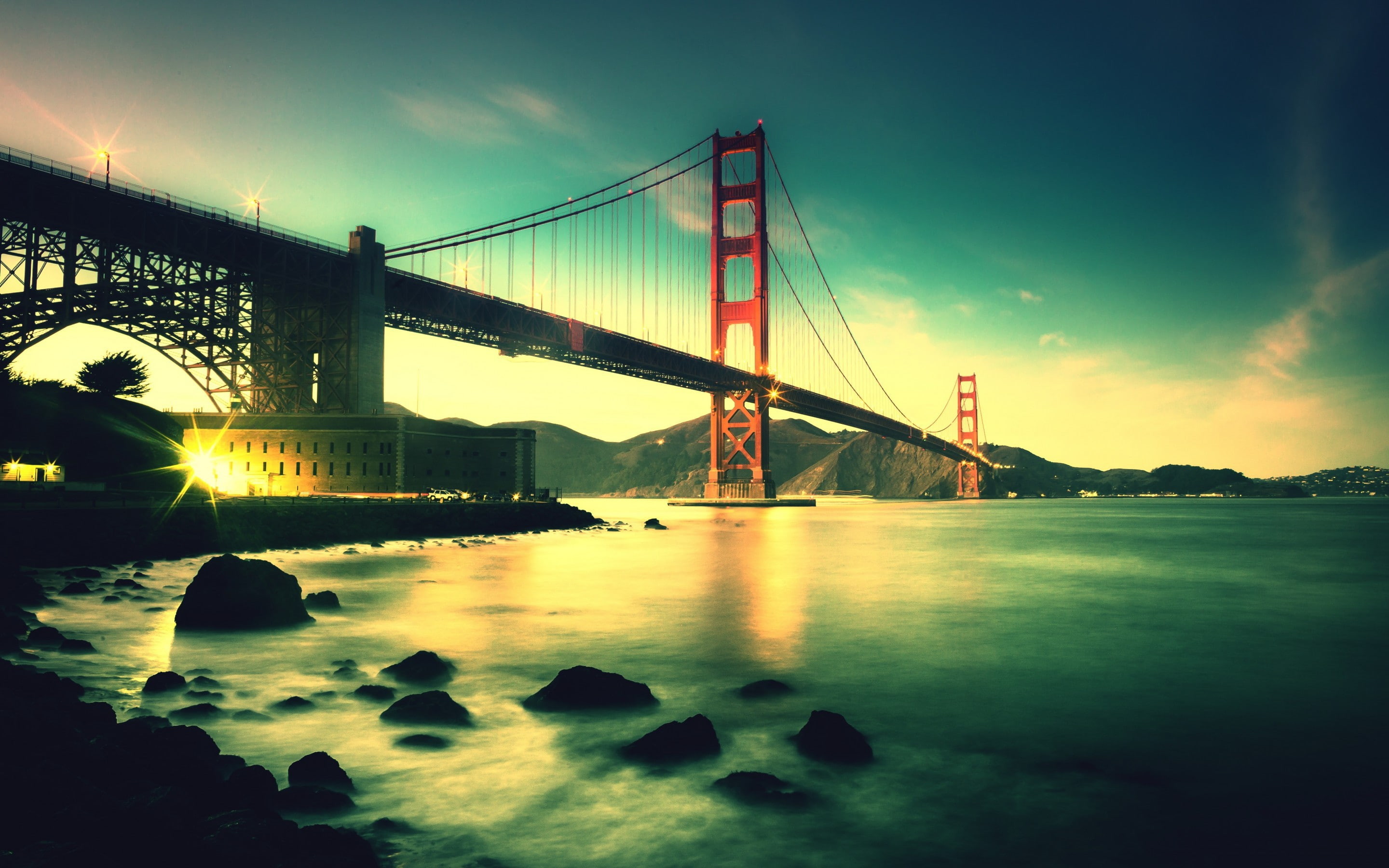 2880x1800 San Francisco, Bay Bridge, sky, lights, clouds, California, United States