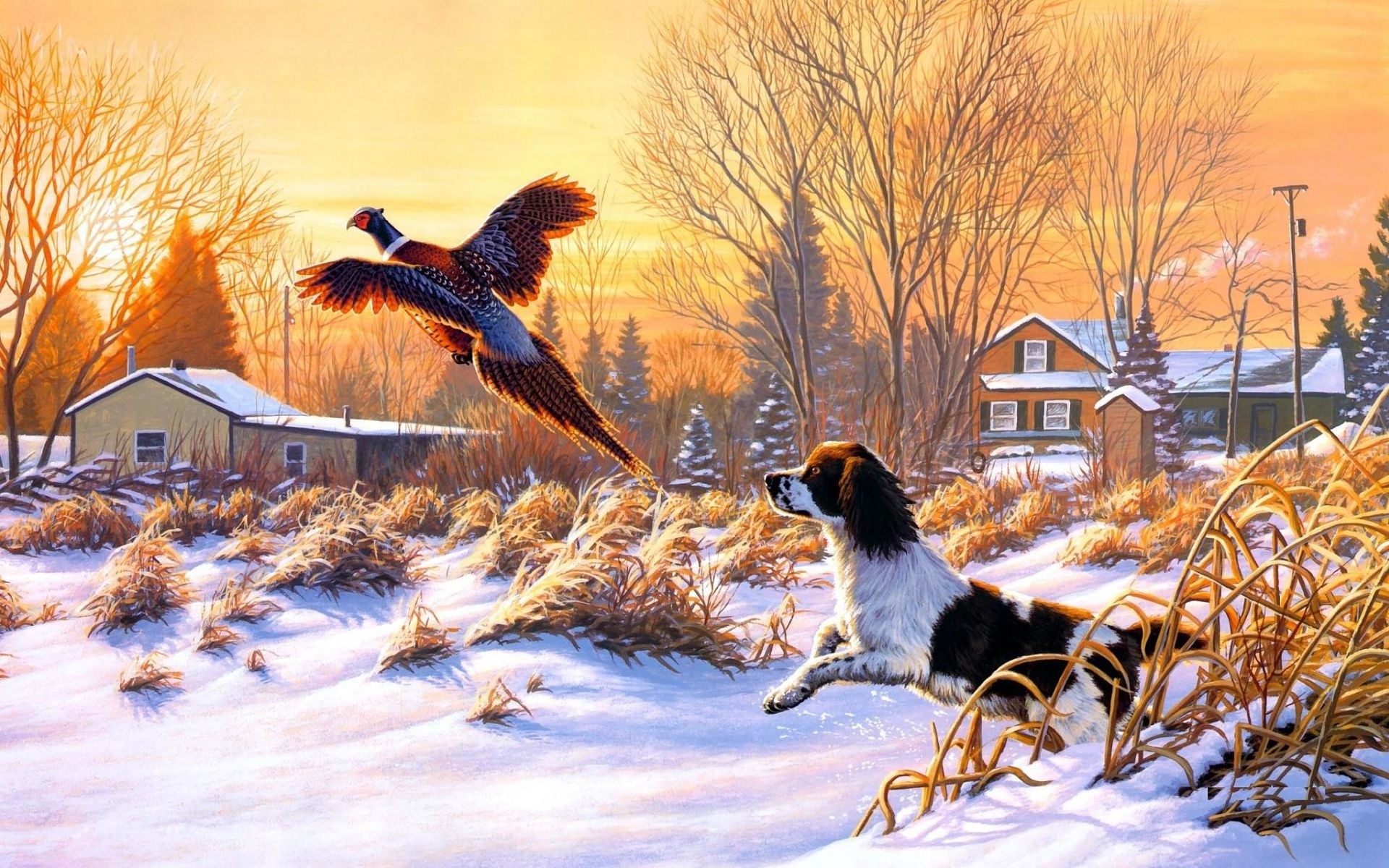 1920x1200 Frank-Mittelstadt-Getting-Up-art-nature-winter-snow-hunting-dog-bird -fly-sunrise-painting.