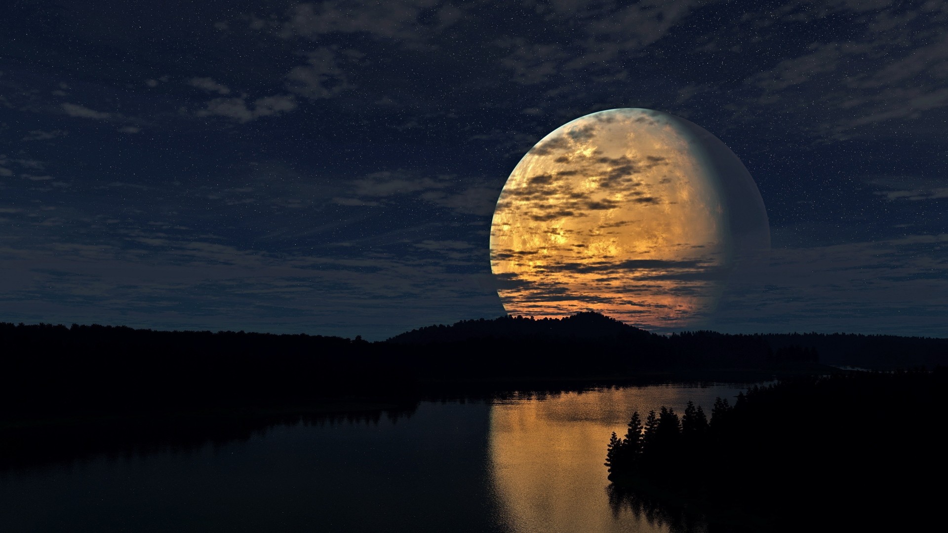 1920x1080  Wallpaper night, sky, moon, trees, river, reflection