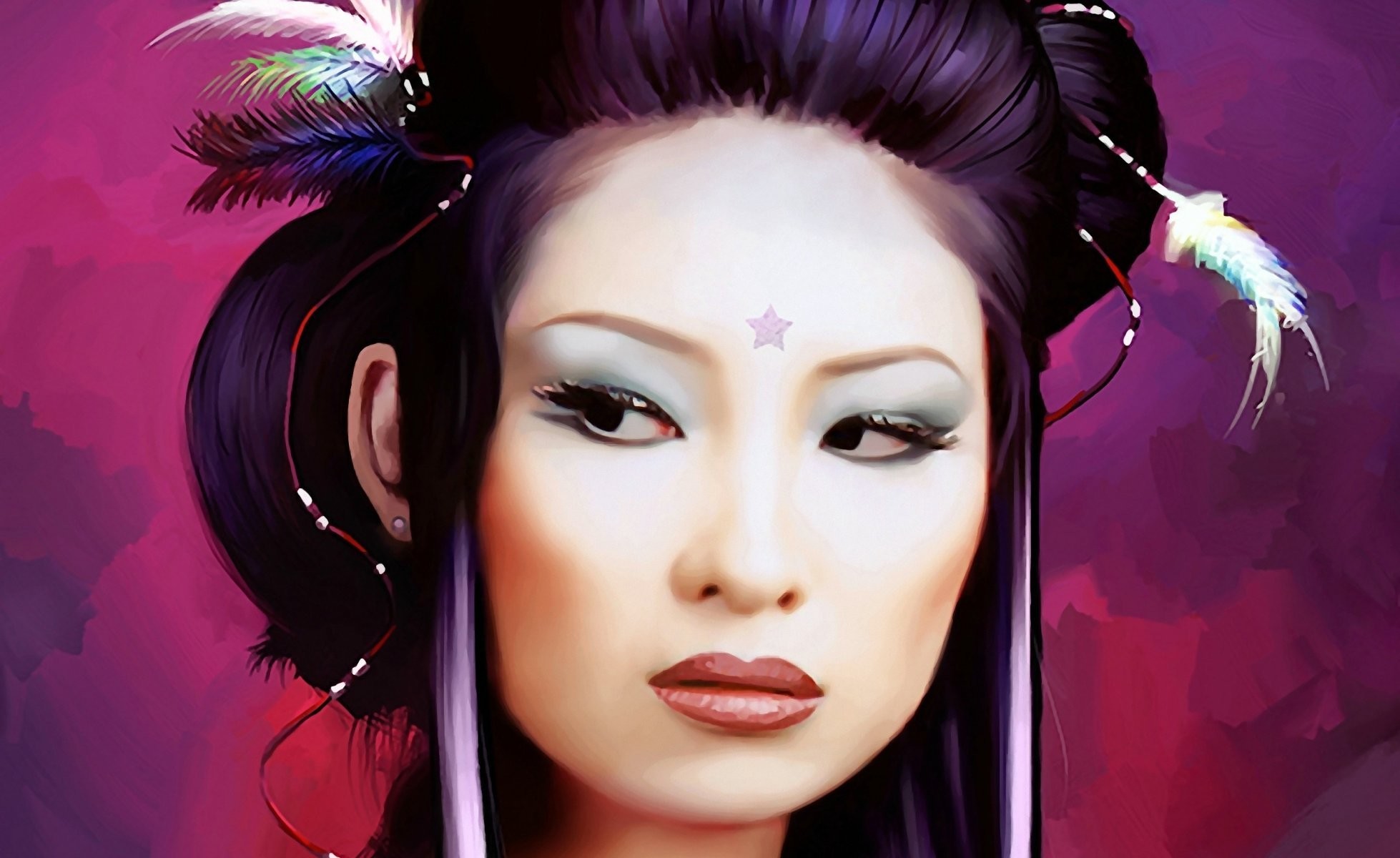 1958x1200 girl a woman japan geisha asian eyes face hair style feathers star make-up