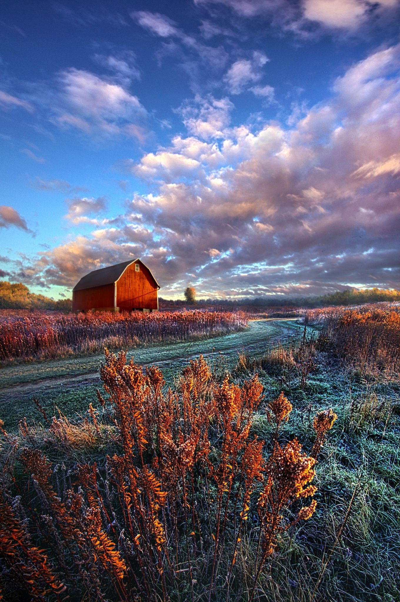1360x2048 ~~Not All Roads Are Paved | red barn farm landscape | by Phil Koch