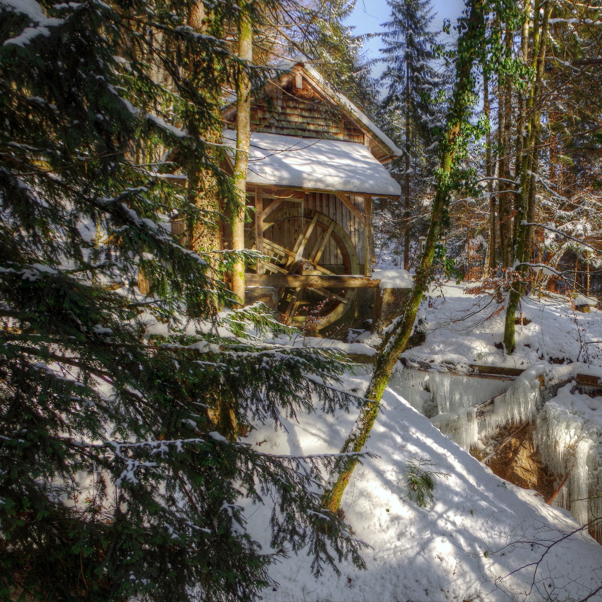 2048x2048 Preview wallpaper winter, forest, river, mill, landscape 