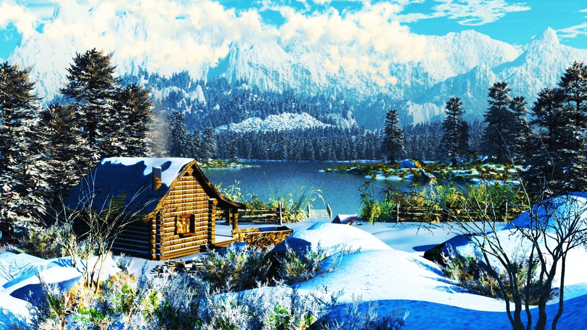 1920x1080 Cottage Landscape Firs Trees Snow Winter Mountains Cabin Lake Desktop  Wallpapers Backgrounds - 