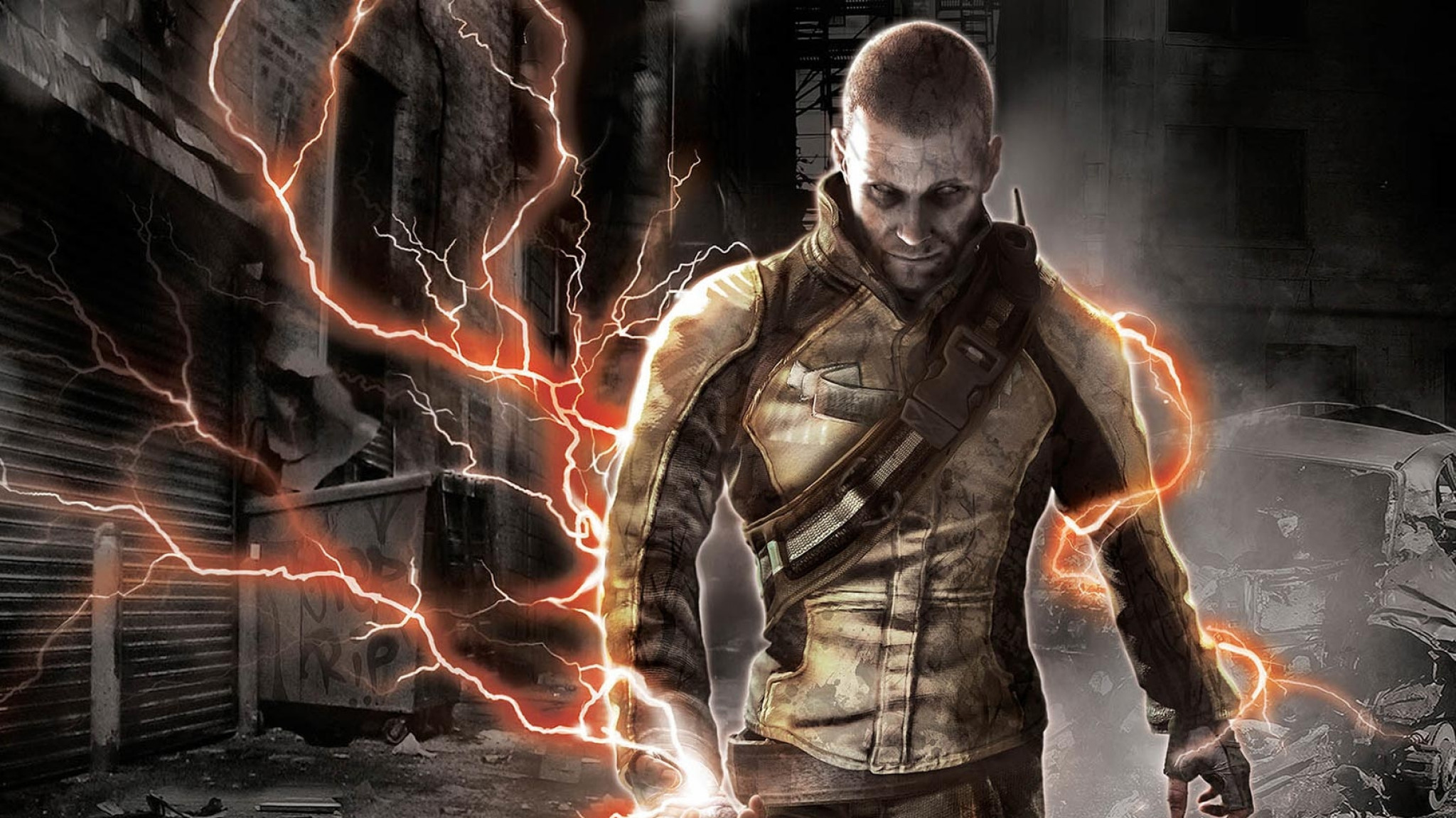 2048x1152  Wallpaper infamous, electricity, look, cole, hand