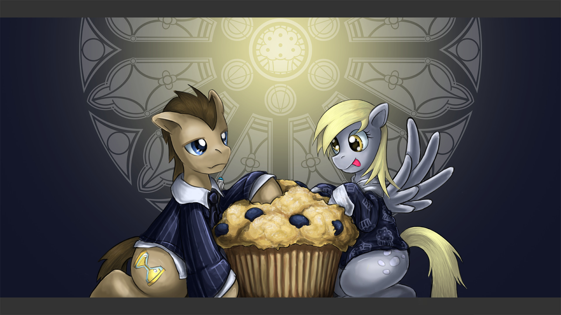1920x1080 #1328 - artist:saturnspace, clothes, derpy hooves, doctorderpy, doctor  whooves, earth pony, female, giant muffin, male, mare, muffin, pegasus,  photoshop, ...