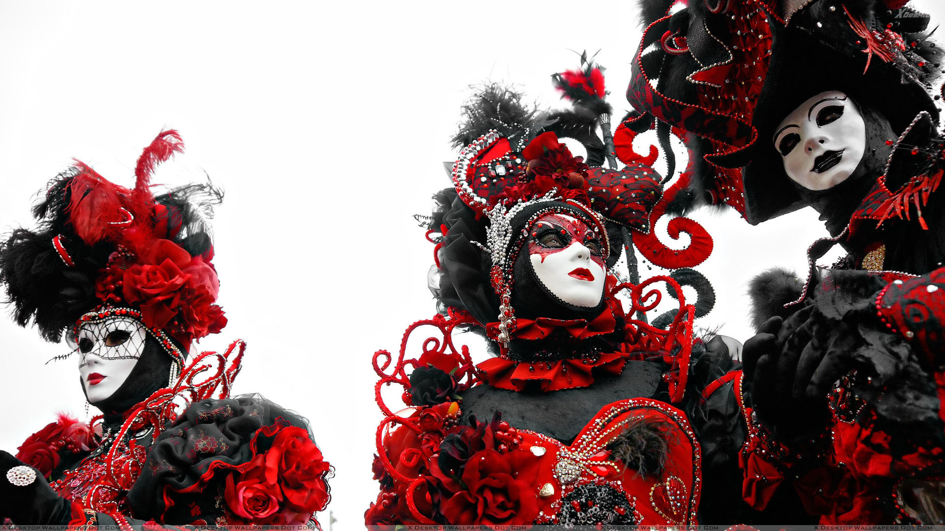 1920x1080  Three Mask Girls Black And Red Dress And White Background  Wallpaper