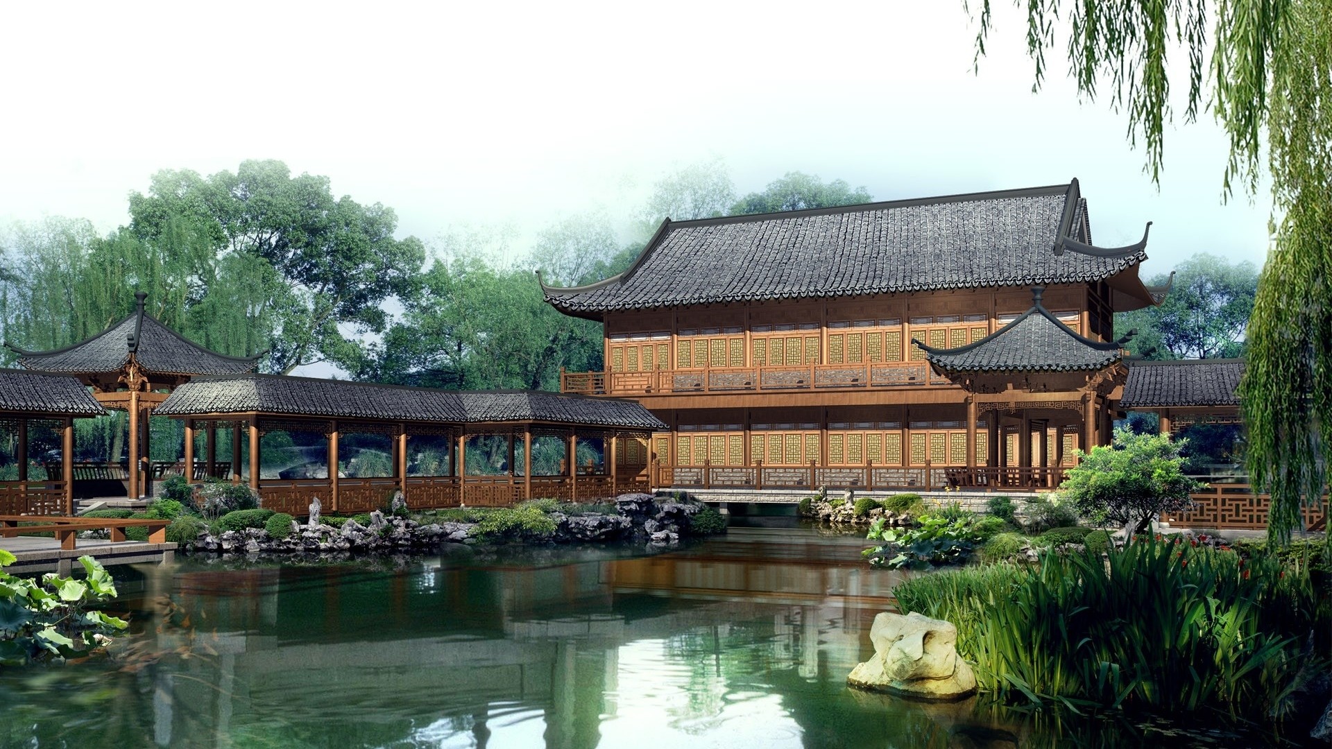 1920x1080 Preview wallpaper china, structures, lake, pond, garden, sky, style  