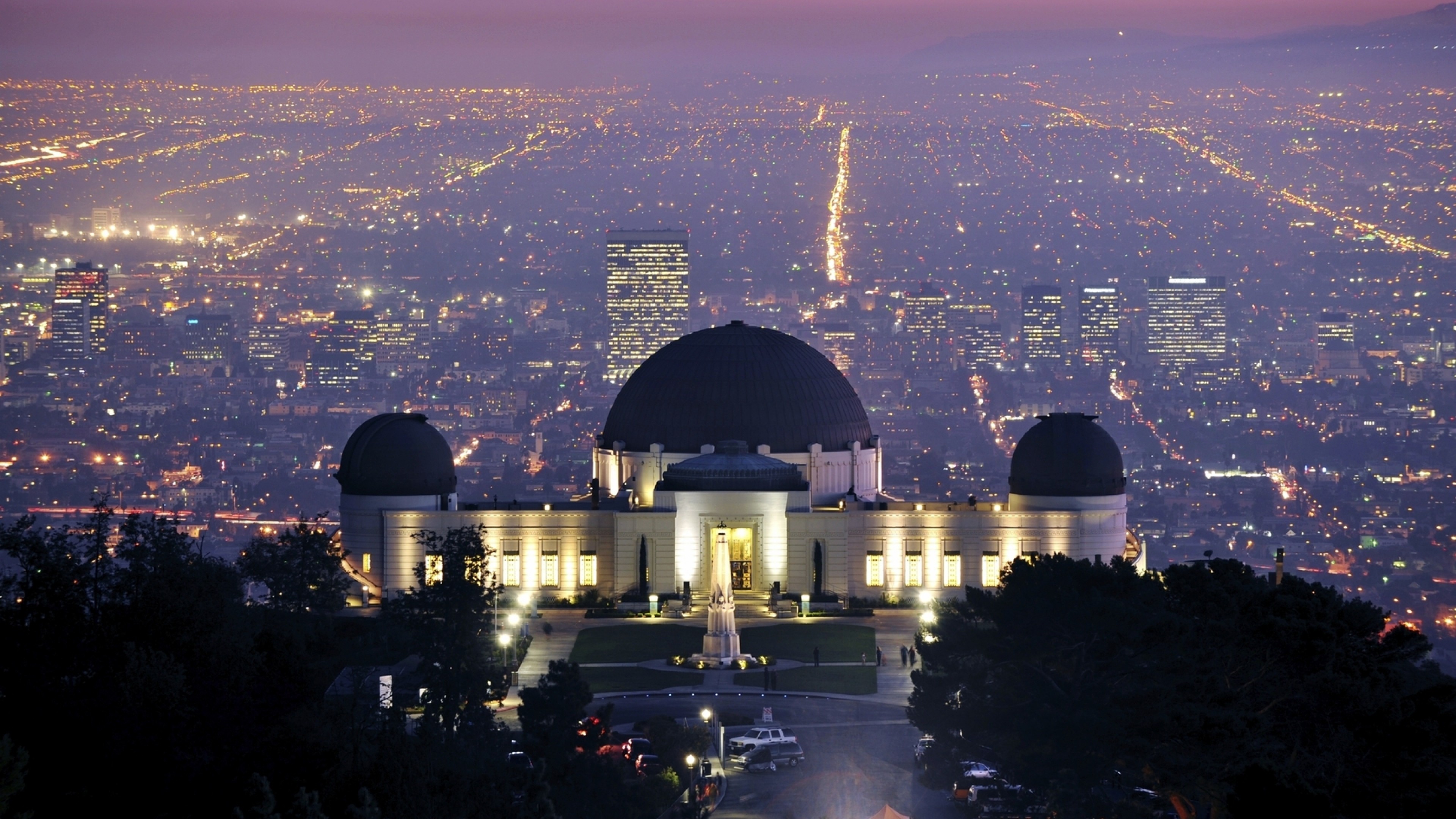 3840x2160 Preview wallpaper griffith observatory, los angeles, california, evening,  city lights 