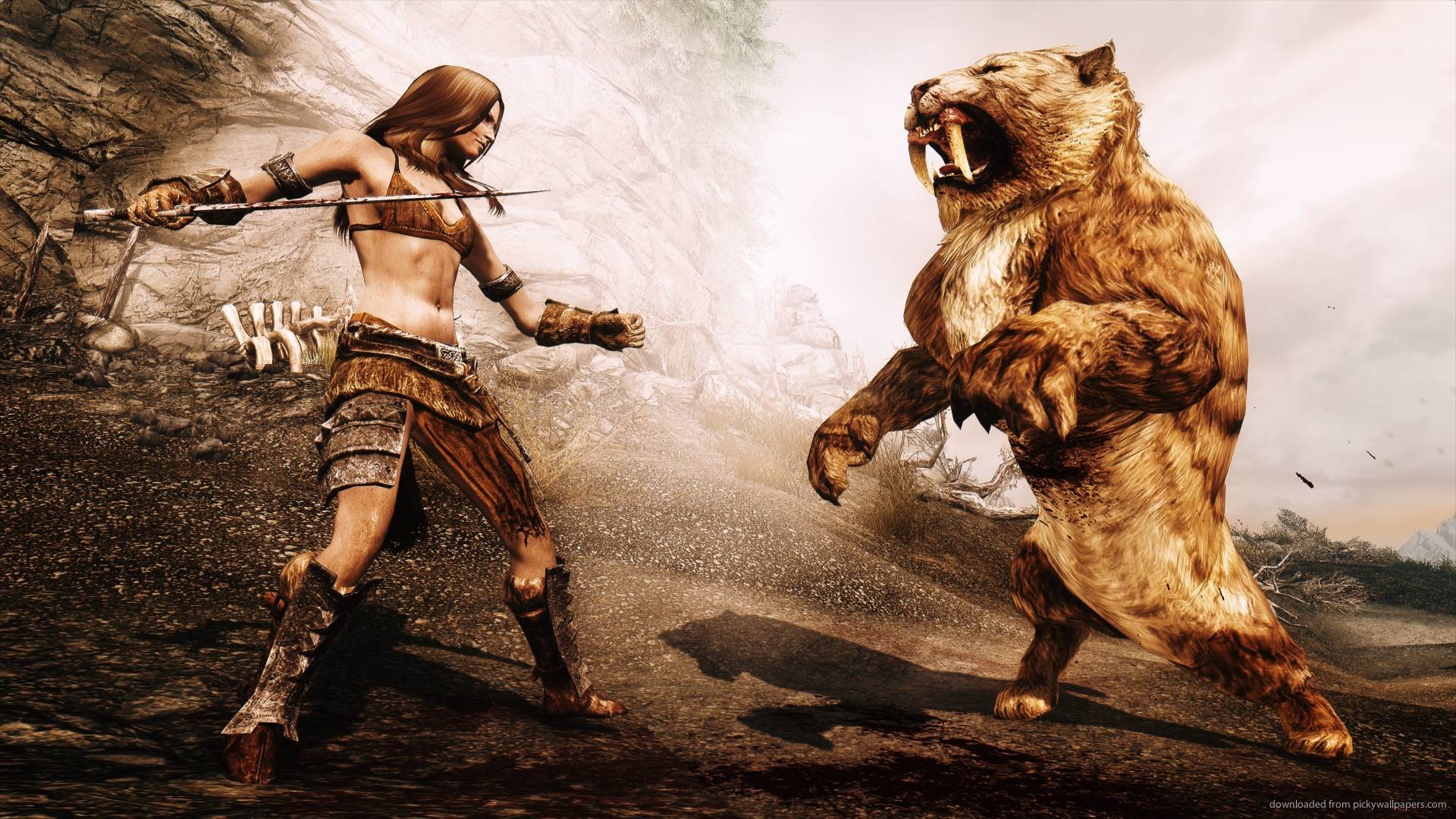 1920x1080 Skyrim Fight With A Sabre Tooth Tiger Wallpaper For iPad
