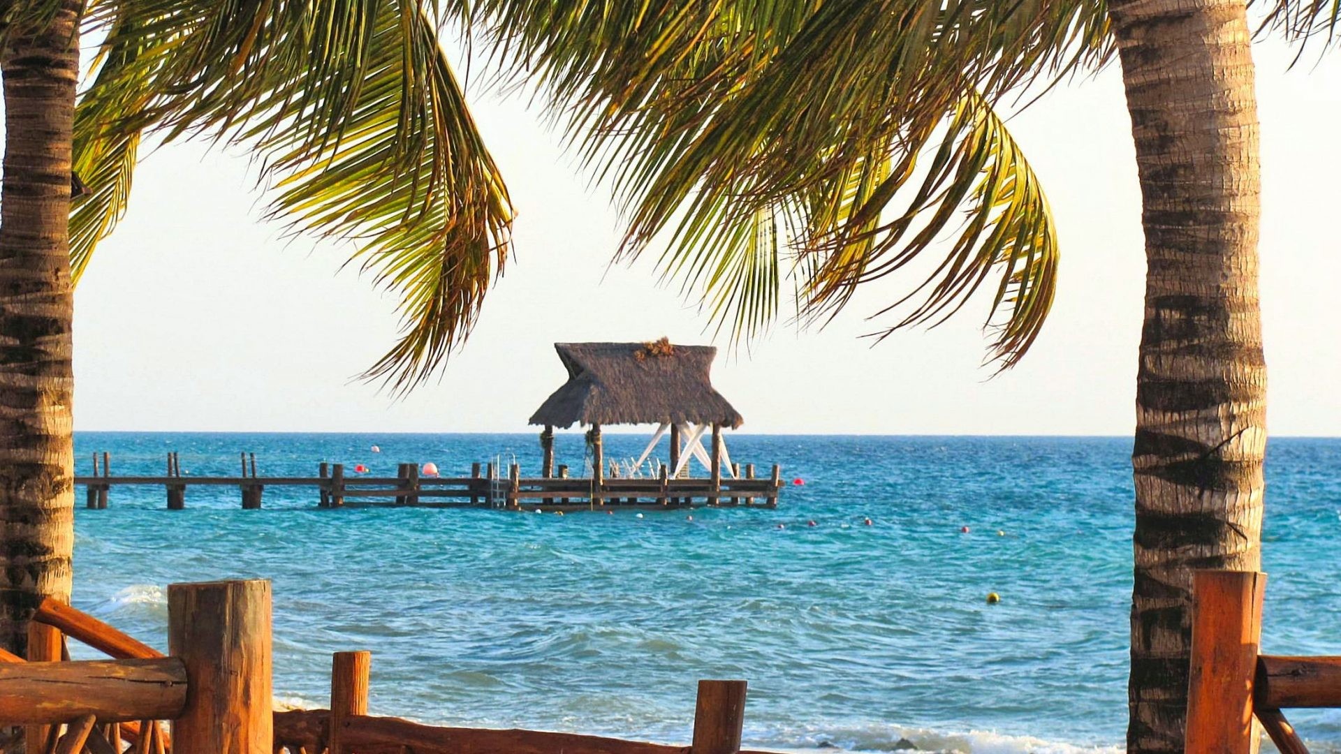 1920x1080 Beaches - Beach Palm Ocean Pier Blue Relaxation Trees Bar View Waves Mexico  Cozumel Nature White