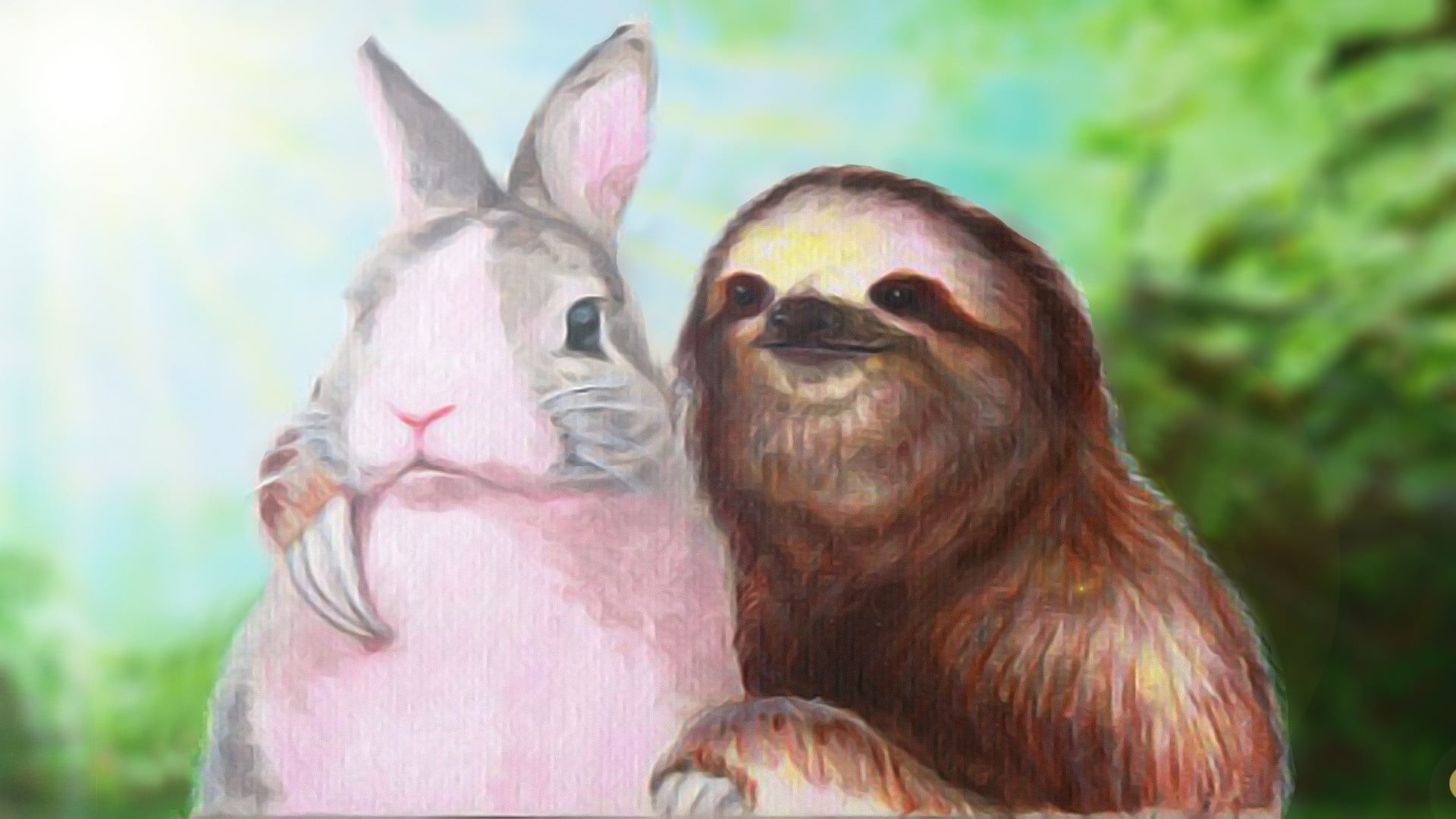 1920x1080 sloth and rabbit painting, humor, sloths, rabbits HD wallpaper