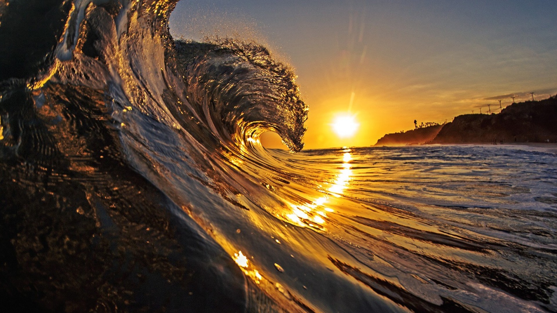 1920x1080 Wave At Beach California In Sunset HD Desktop Wallpaper, Background Image