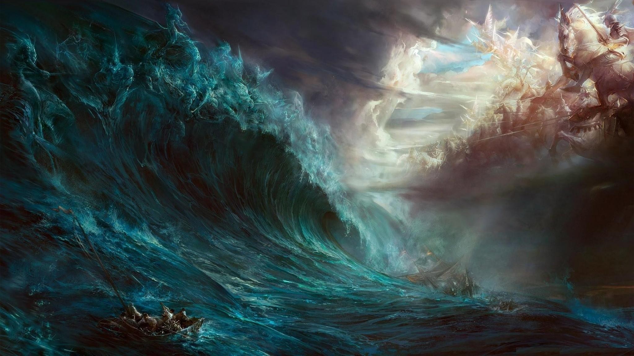 2048x1152 General  fantasy art digital art artwork Cronus Zeus sea storm  ship war God Devil