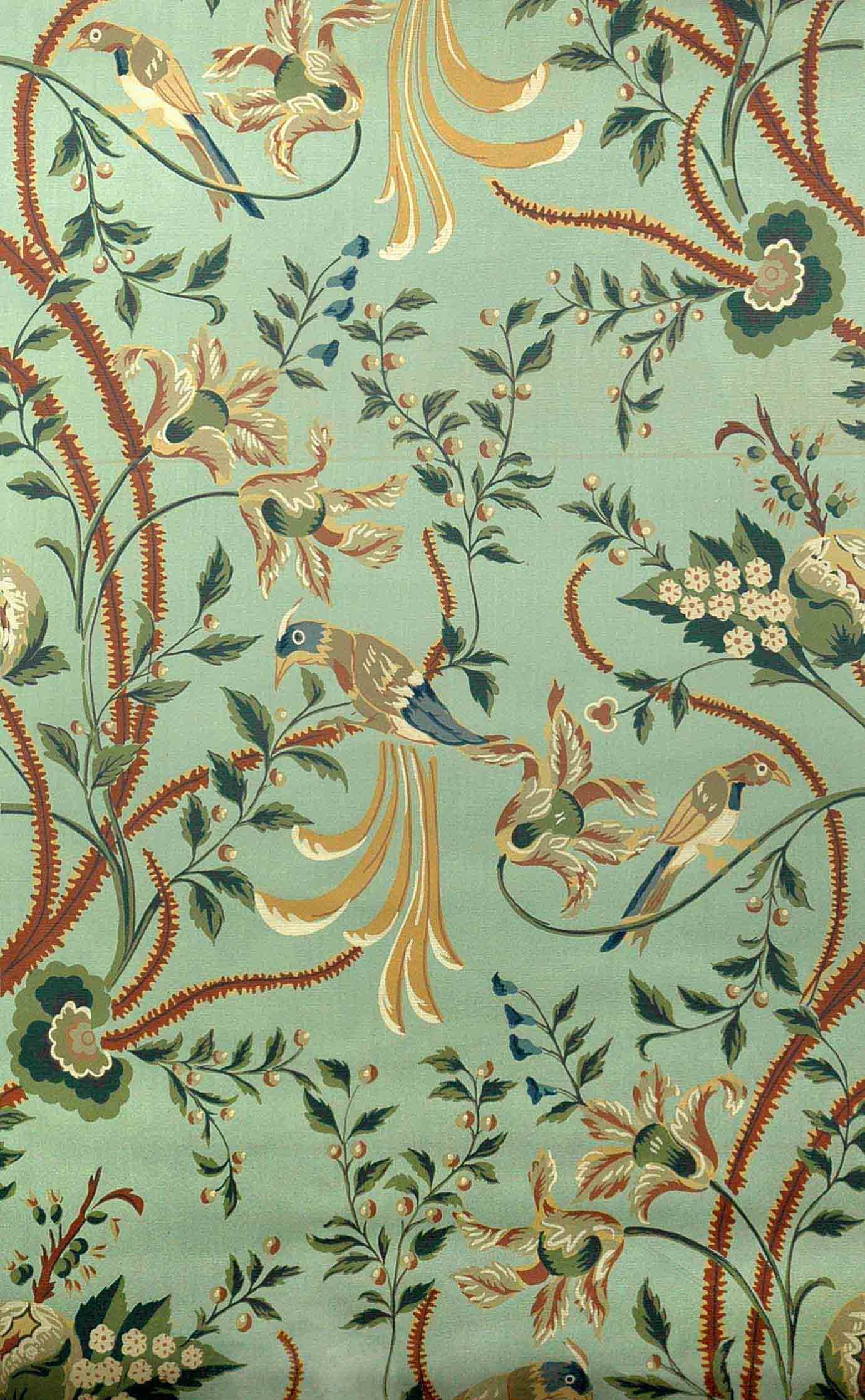 1381x2233 historical wallpaper / green with birds, flowers and foliage /