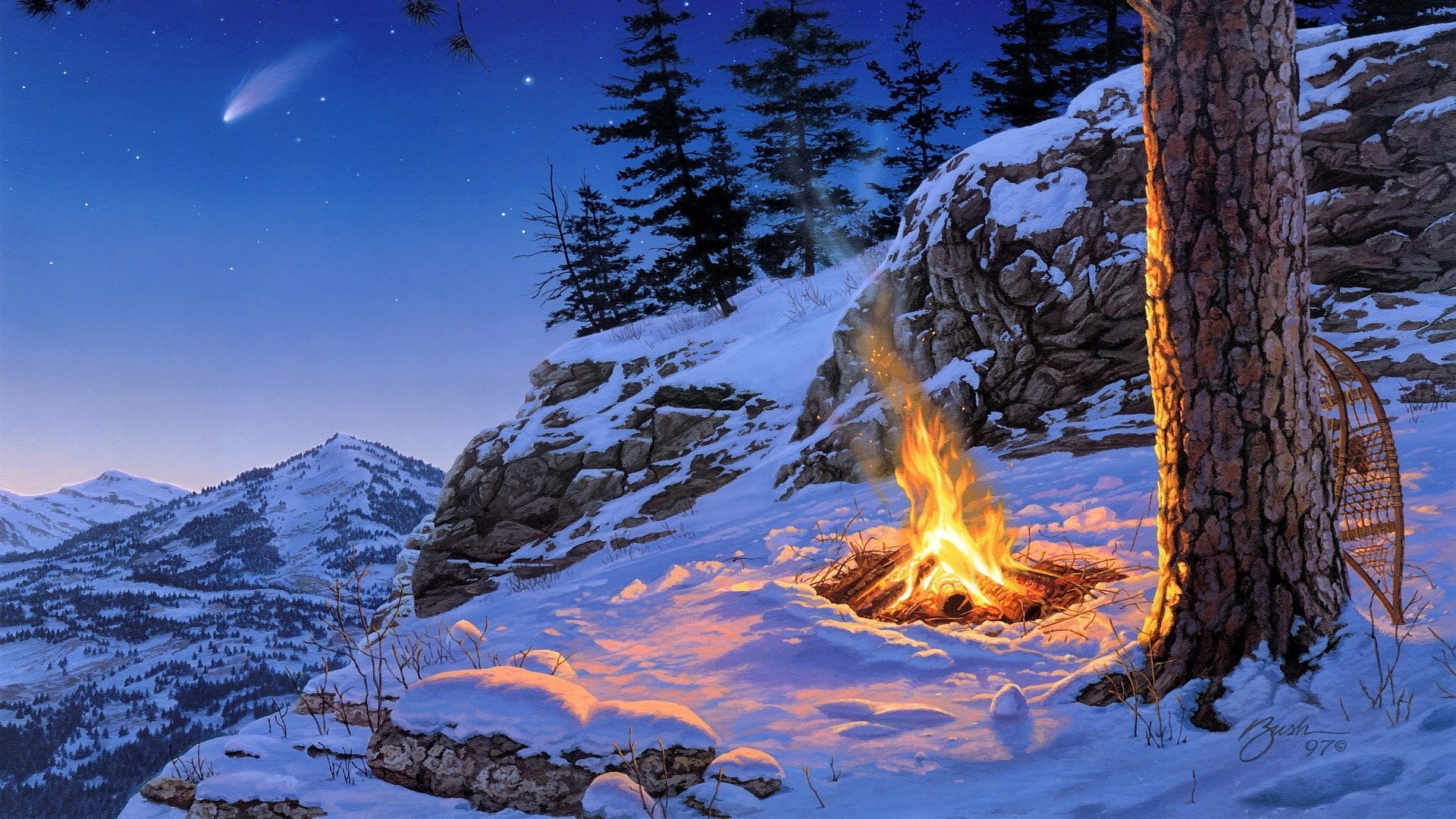 1920x1080 Fire on the snowy mountain wallpaper