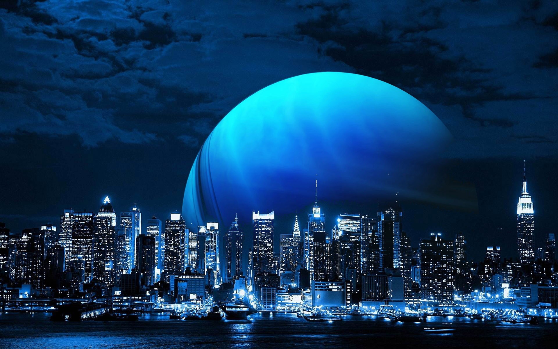 1920x1200 Fantasy - Moon Fantasy City Blue Planet Skyscraper Wallpaper