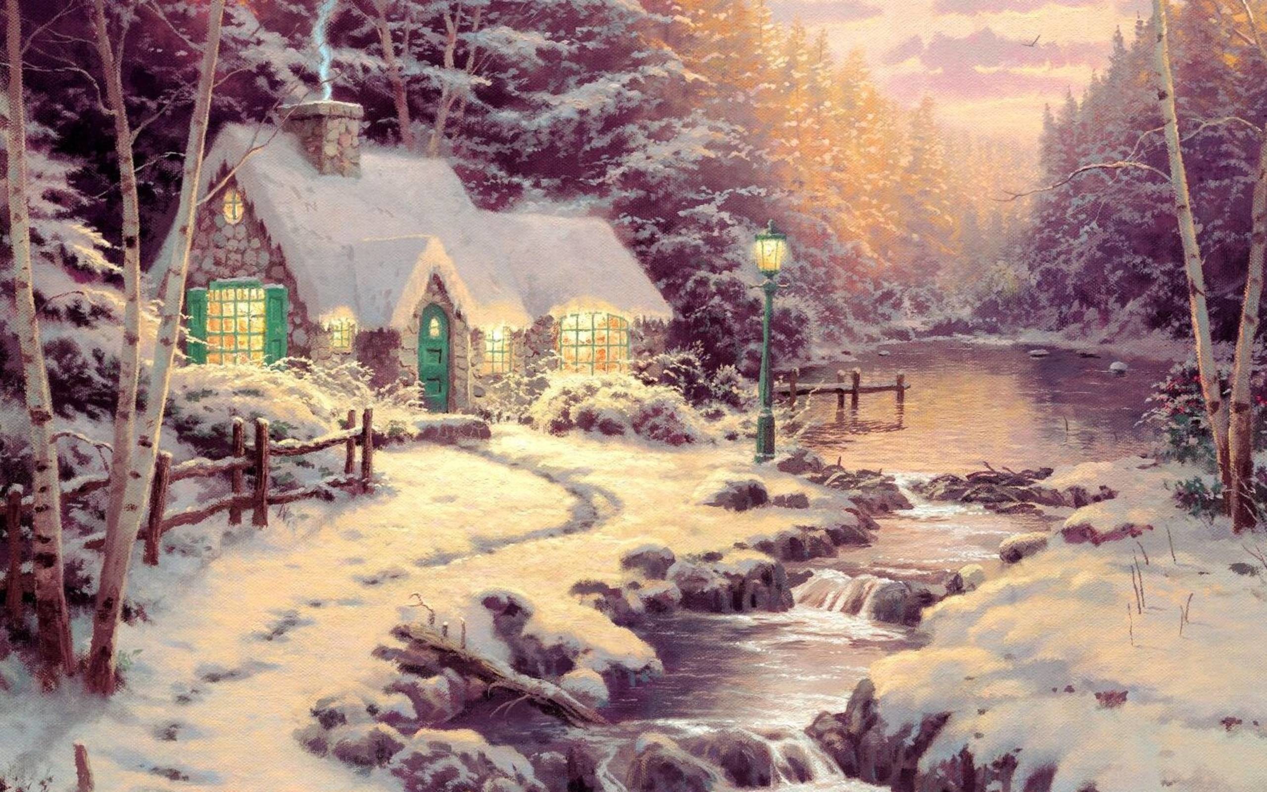 2560x1600 HD wallpaper - Painting - river cottage, Evening Light, Evening .