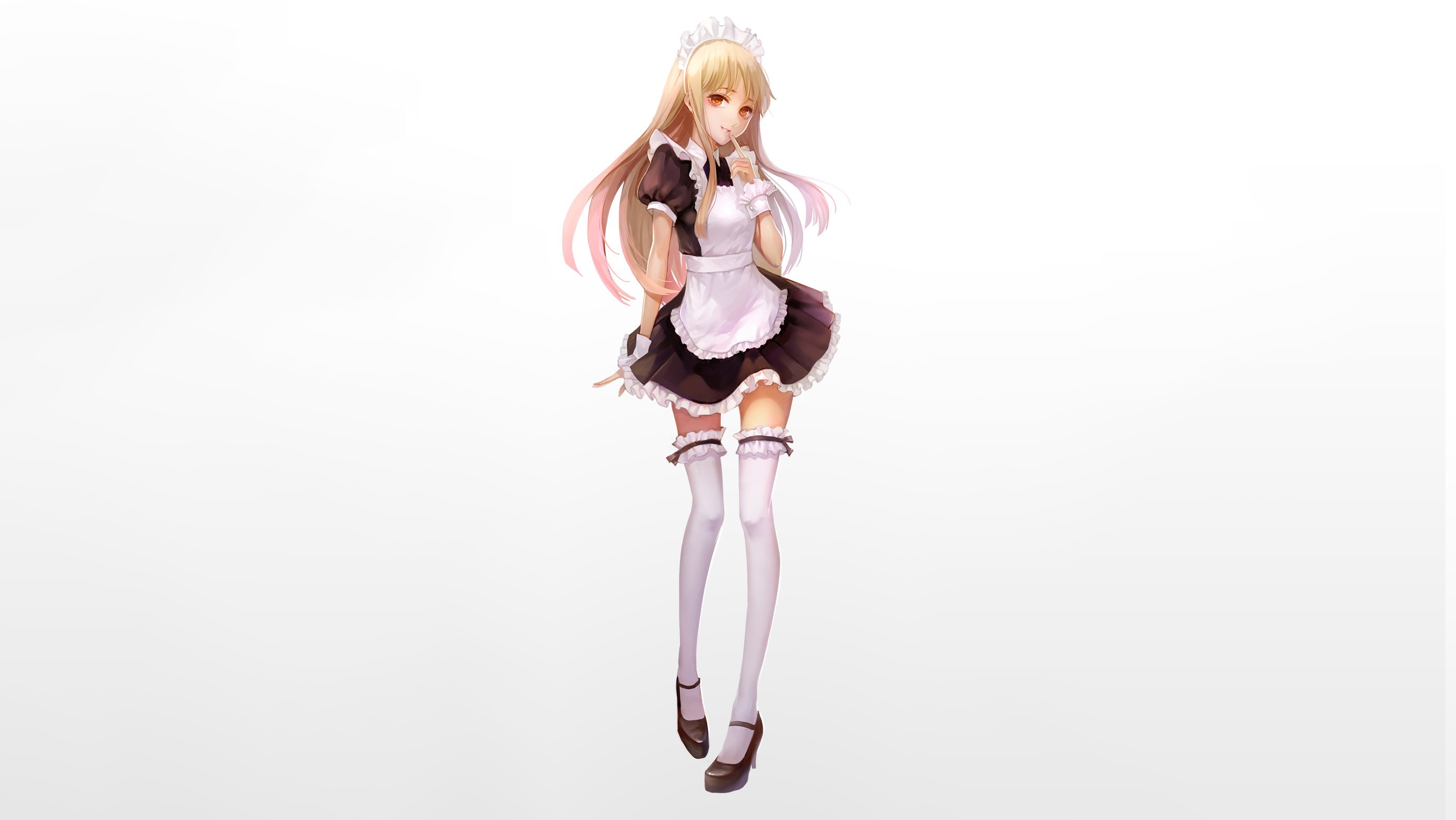 2768x1558 Anime  maid anime girls simple background thigh-highs original  characters high heels maid outfit