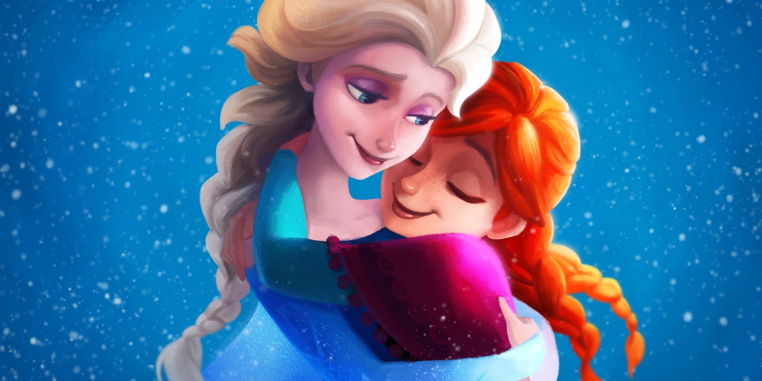 2551x1276 Frozen, Elsa, Anna, Hug, Artwork, Animation