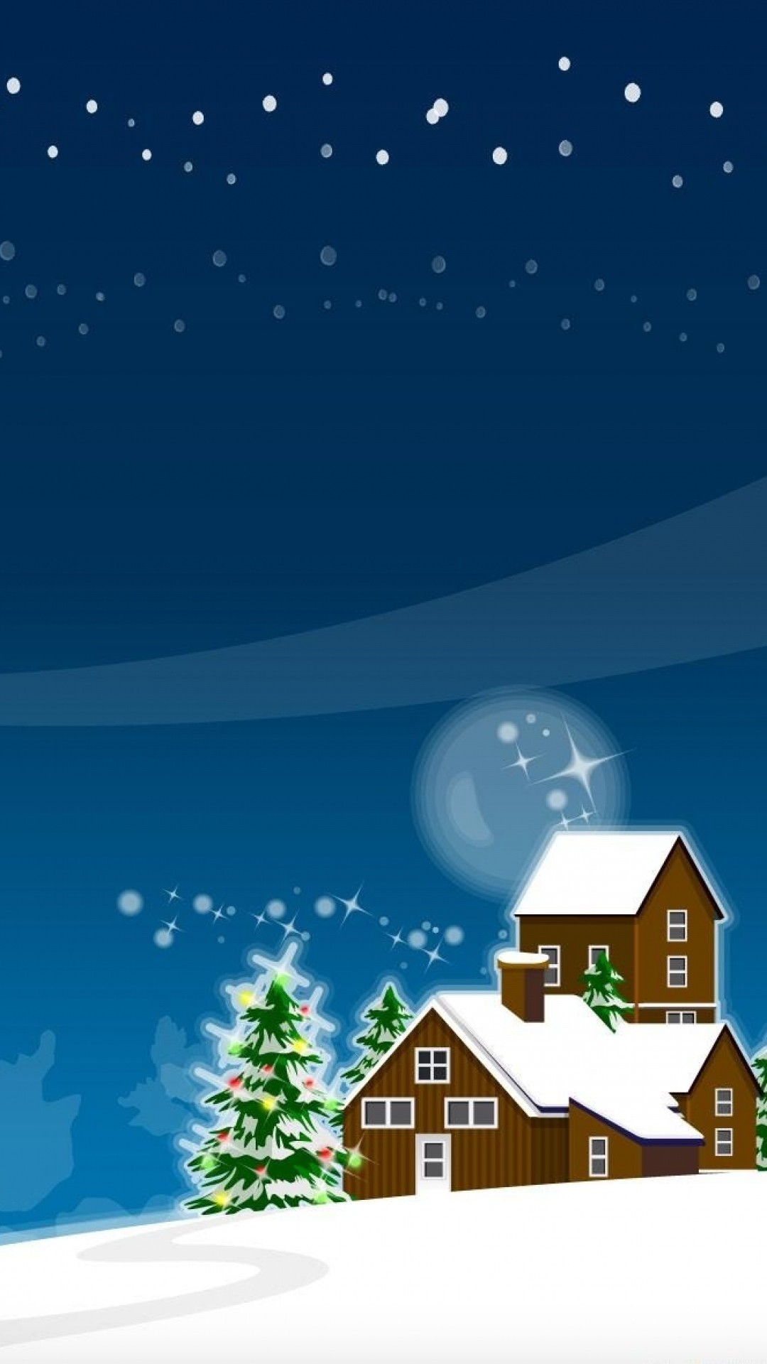 1080x1920  Wallpaper christmas, tree, new year, house, moon, snow