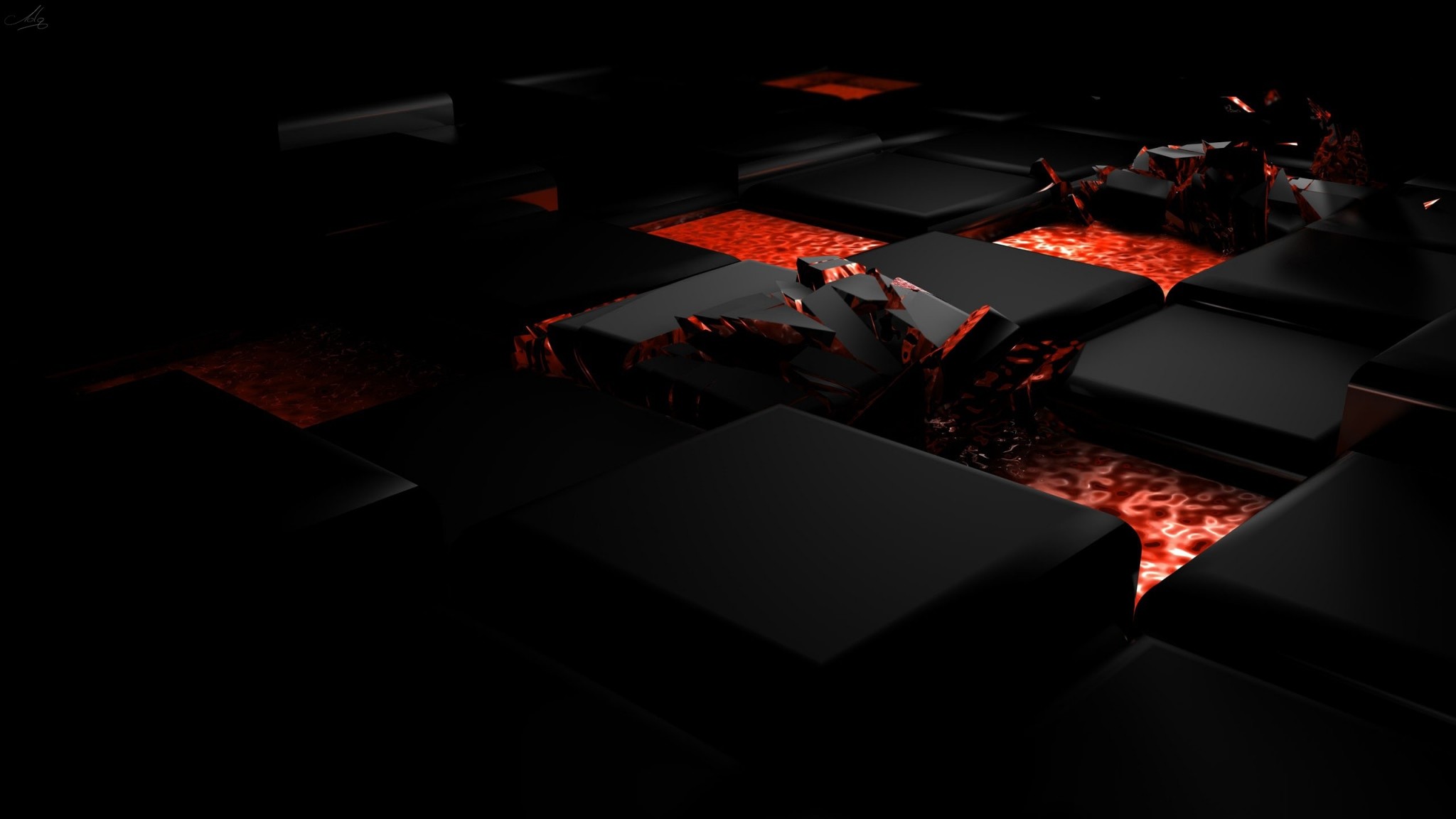 2048x1152 Preview wallpaper cube, fire, dark, light, alloy 