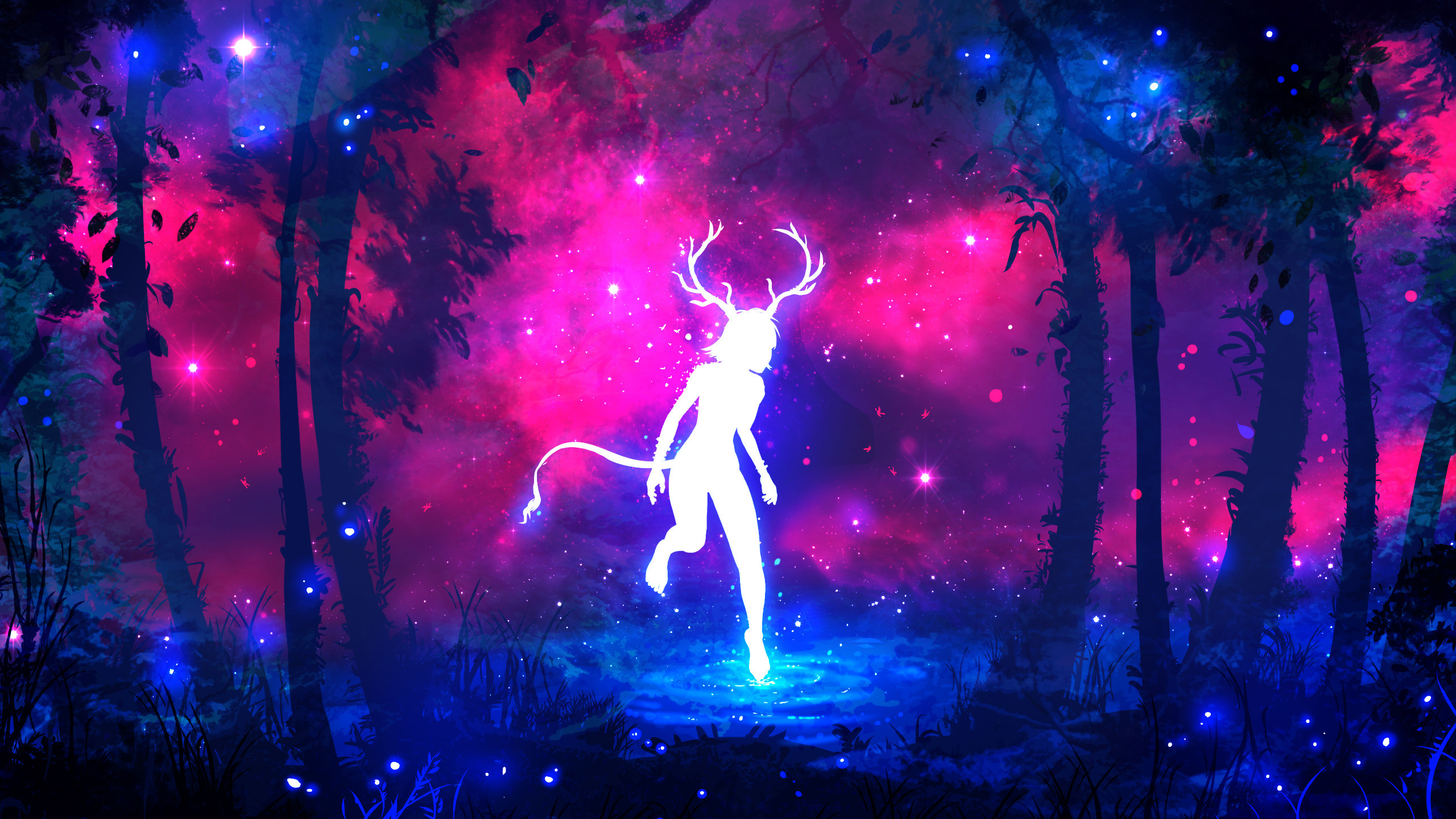 2560x1440 Jungle, Forest, Horns, Fantasy girl, Neon colors, HD