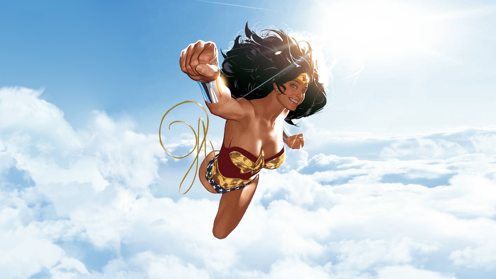 1920x1080 sunlight illustration digital art sky jumping clouds blue superhero Wonder  Woman DC Comics Adam Hughes spring