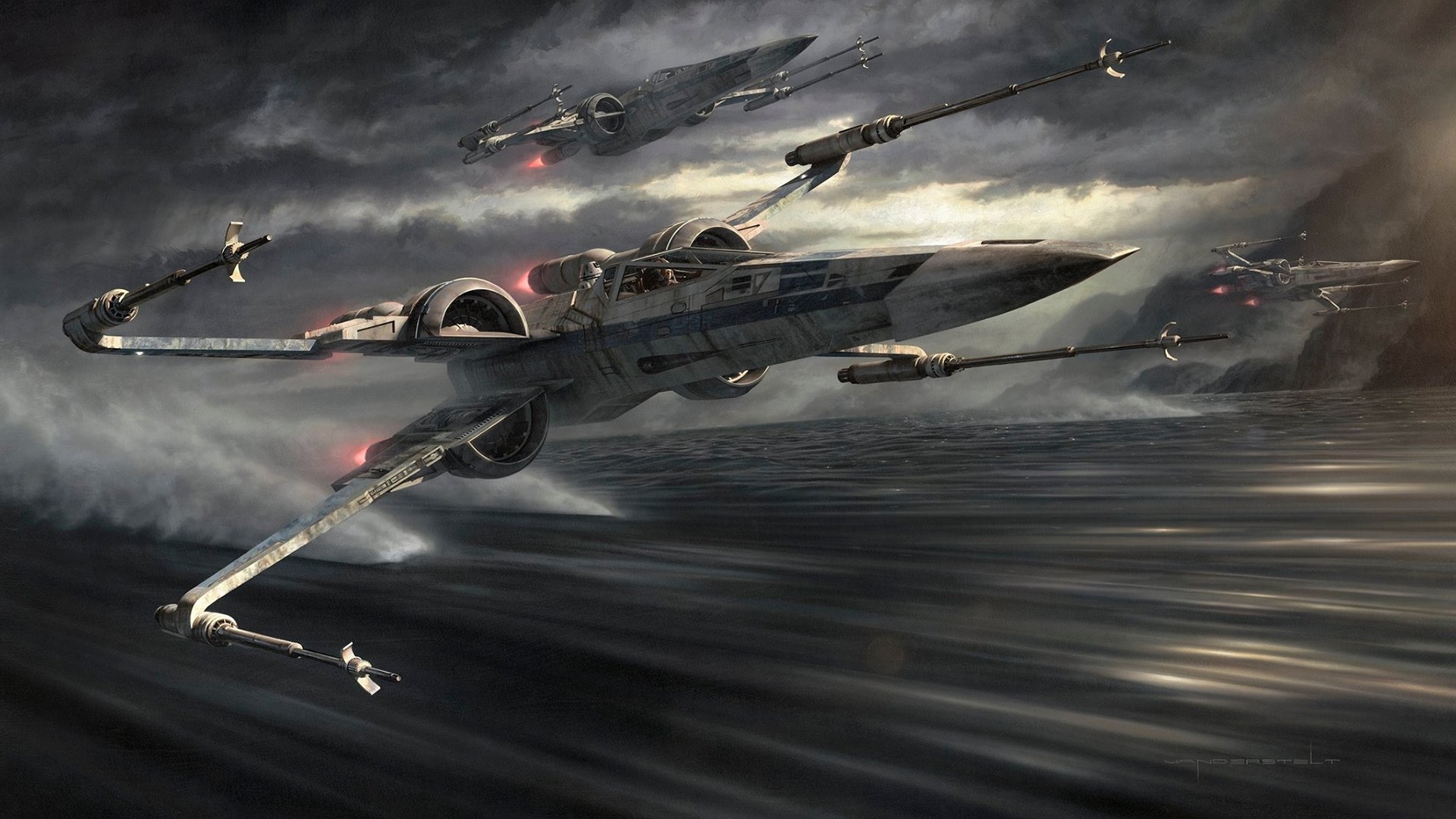 1920x1080 Star Wars: The Force Awakens inspired lithograph print, "Incom Tearin' It  Up" by Jerry Vanderstelt featuring the X-Wing fighter in action!