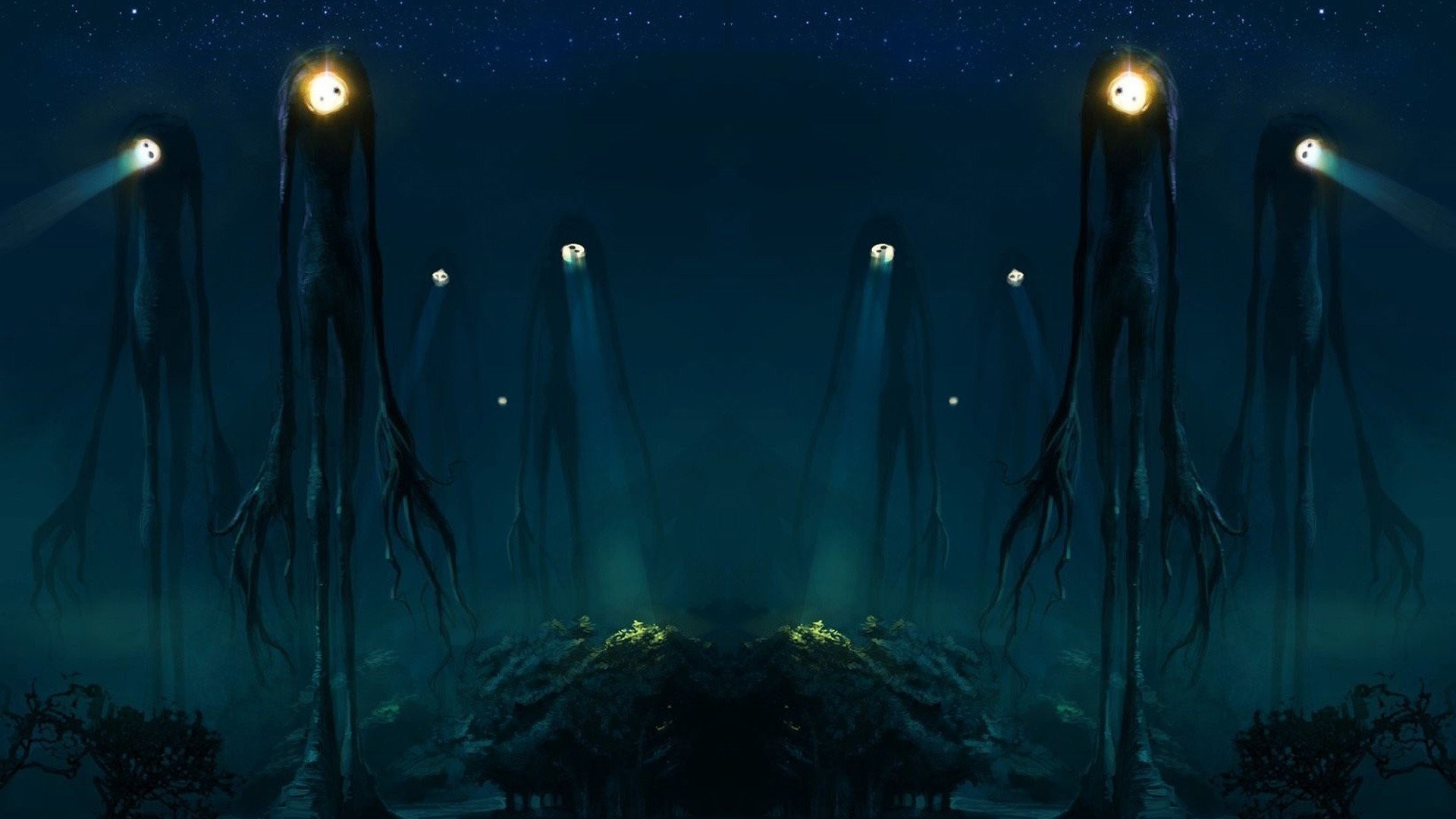 1920x1080 Aliens Creatures Slender Man Spotlight Trees