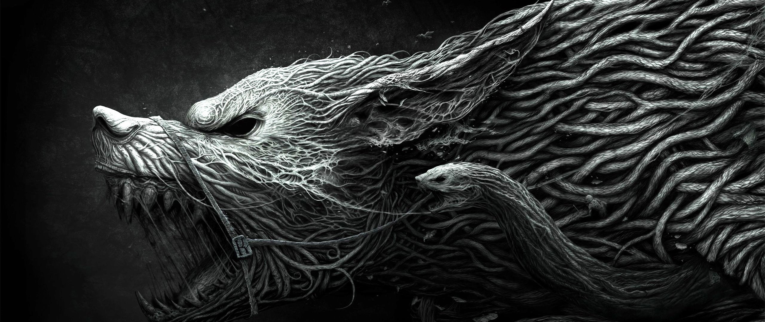2560x1080 Preview wallpaper wolf, teeth, drawing, aggression, black, white 