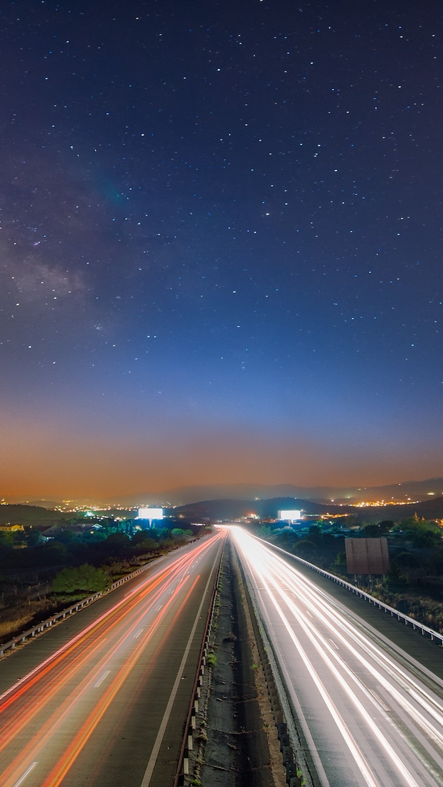 1440x2560  Wallpaper starry sky, night, road, traffic