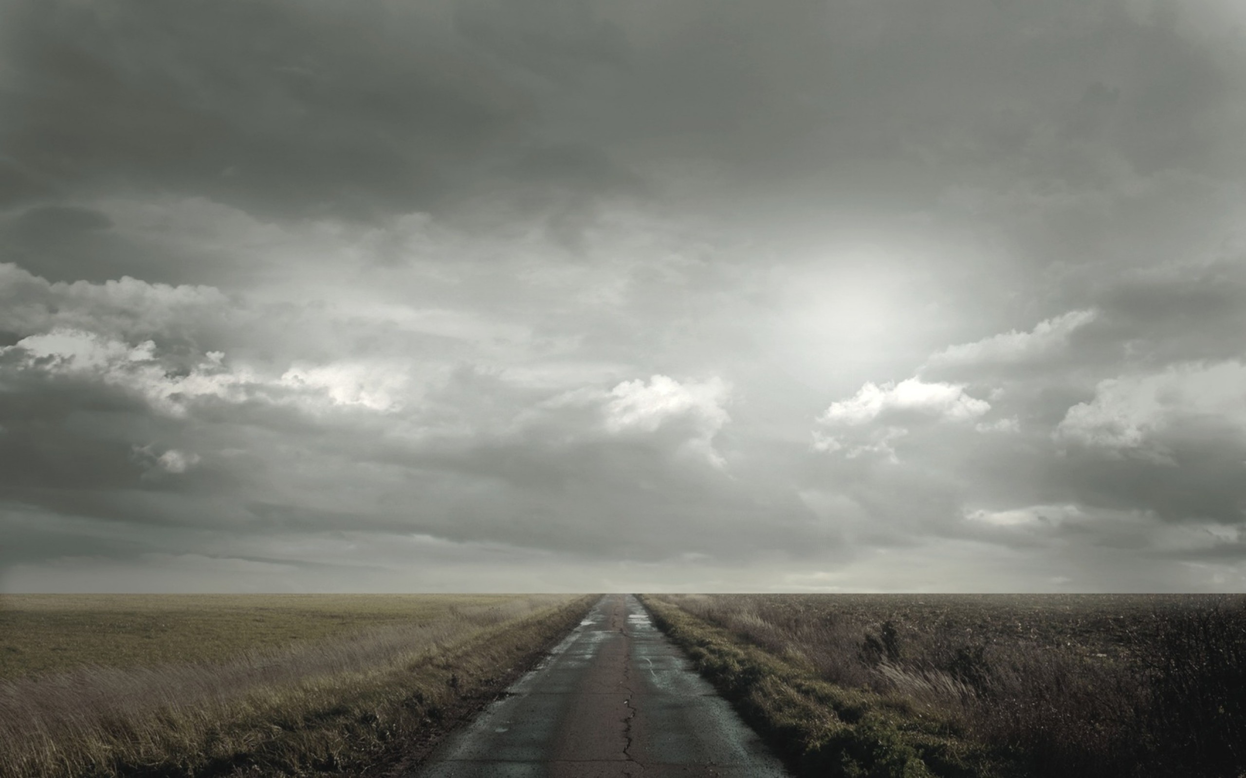 2560x1600  Wallpaper road, field, clouds, cloudy, horizon