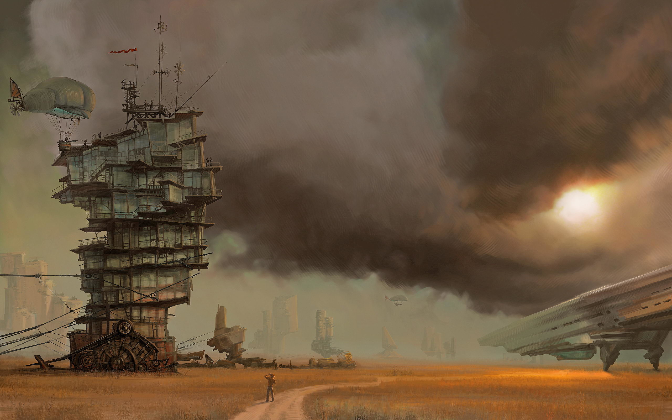 2560x1600 Sci Fi - Steampunk Tower Ship Cloud Earth Sci Fi Wallpaper