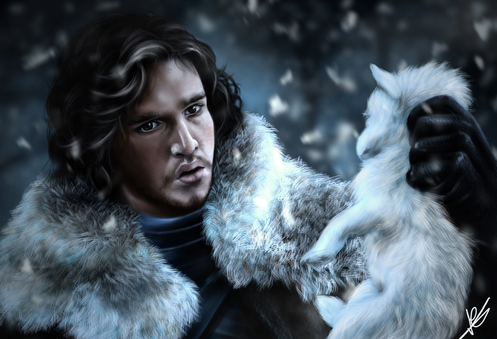 2000x1364 jon snow, Game of Thrones, Game of Thrones, watch, man, face, wolf,  painting, art - Magic4Walls.com